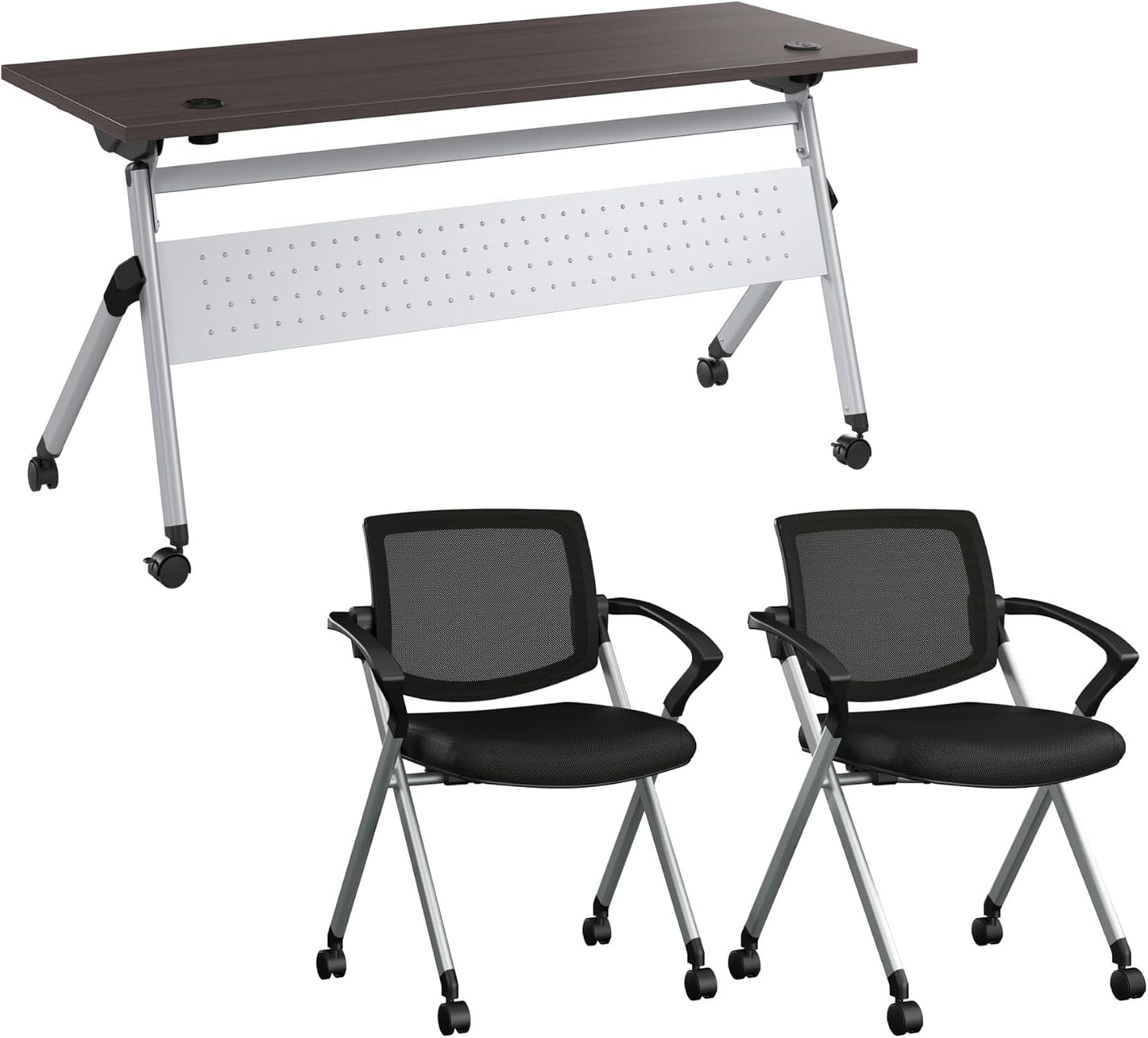Bush Business Furniture Folding Training Table Set for 2, 60 inch Desk with Powered Grommets and 2 Chairs with Arms, Commercial-Grade Bundle for Office or Classroom, Envision Collection, Gray