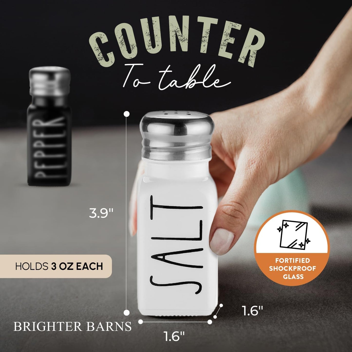 Salt and Pepper Shakers Set by Brighter Barns - Cute Modern Farmhouse Kitchen Decor for Home Restaurants Wedding - Gorgeous Vintage Glass Black White Shaker Sets with Stainless Steel Lids
