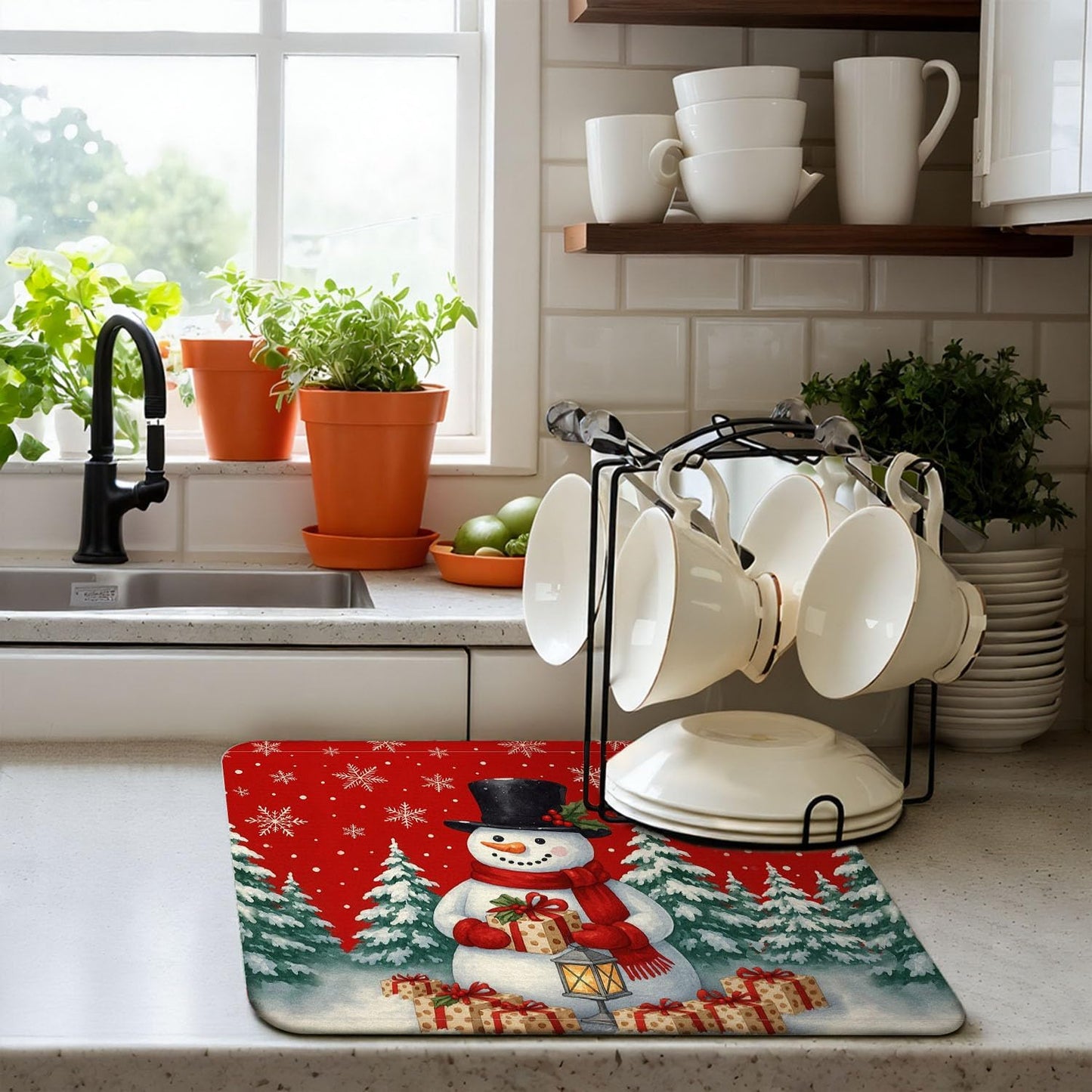 Red Christmas Drying Mat for Kitchen Counter 18" X 24" Christmas Dish Drying Mat for Kitchen Decor Snowman Xmas Drying Mats For Home Counter Drying Mats For Dishes Dish Mat Drying Mat