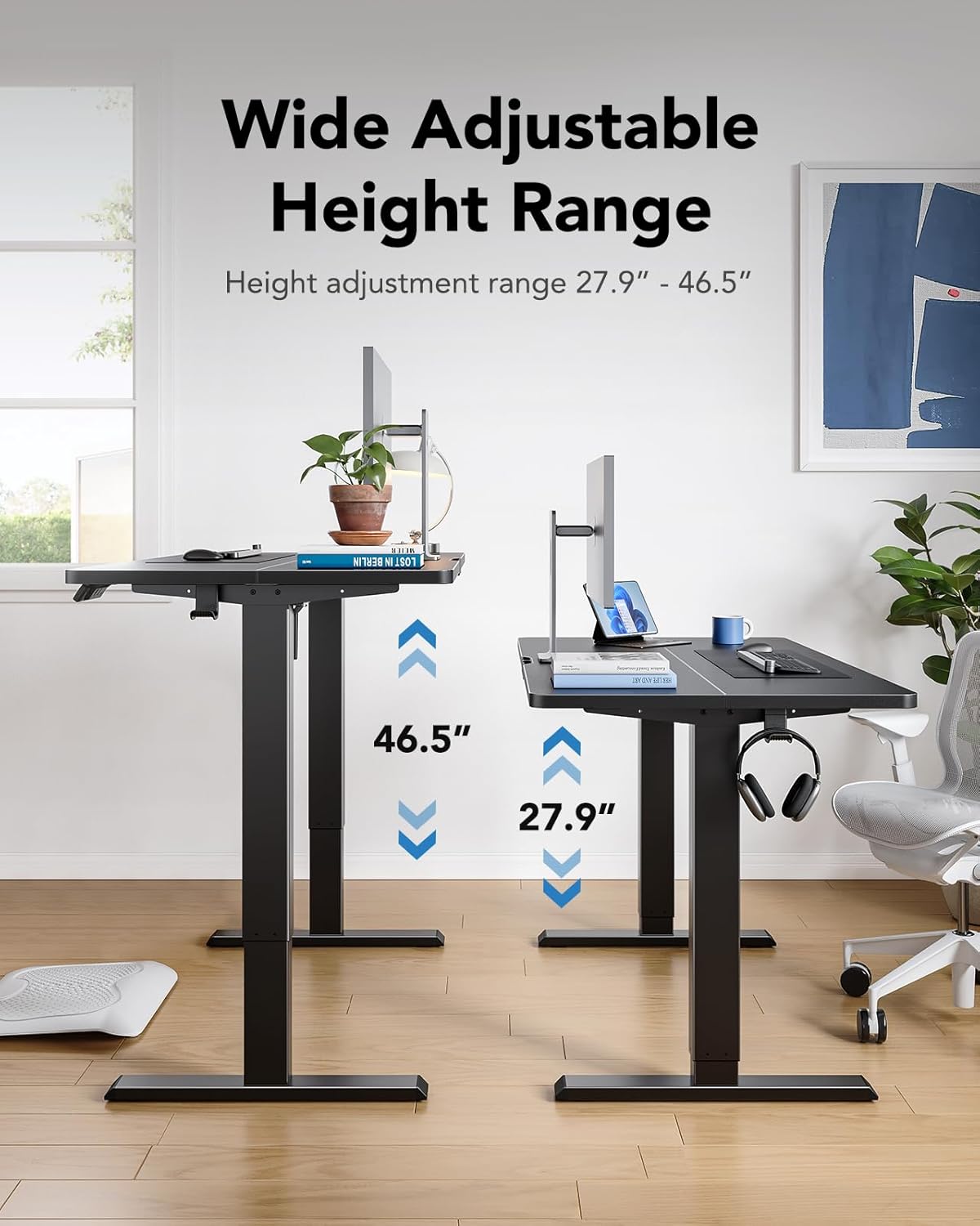 HUANUO 63" x 28" Electric Standing Desk Adjustable Height, 4 Memory Height Settings, Headphone Hook, Cable Manager, Sit Stand Up Desk for Home Office & Computer Workstation, Black