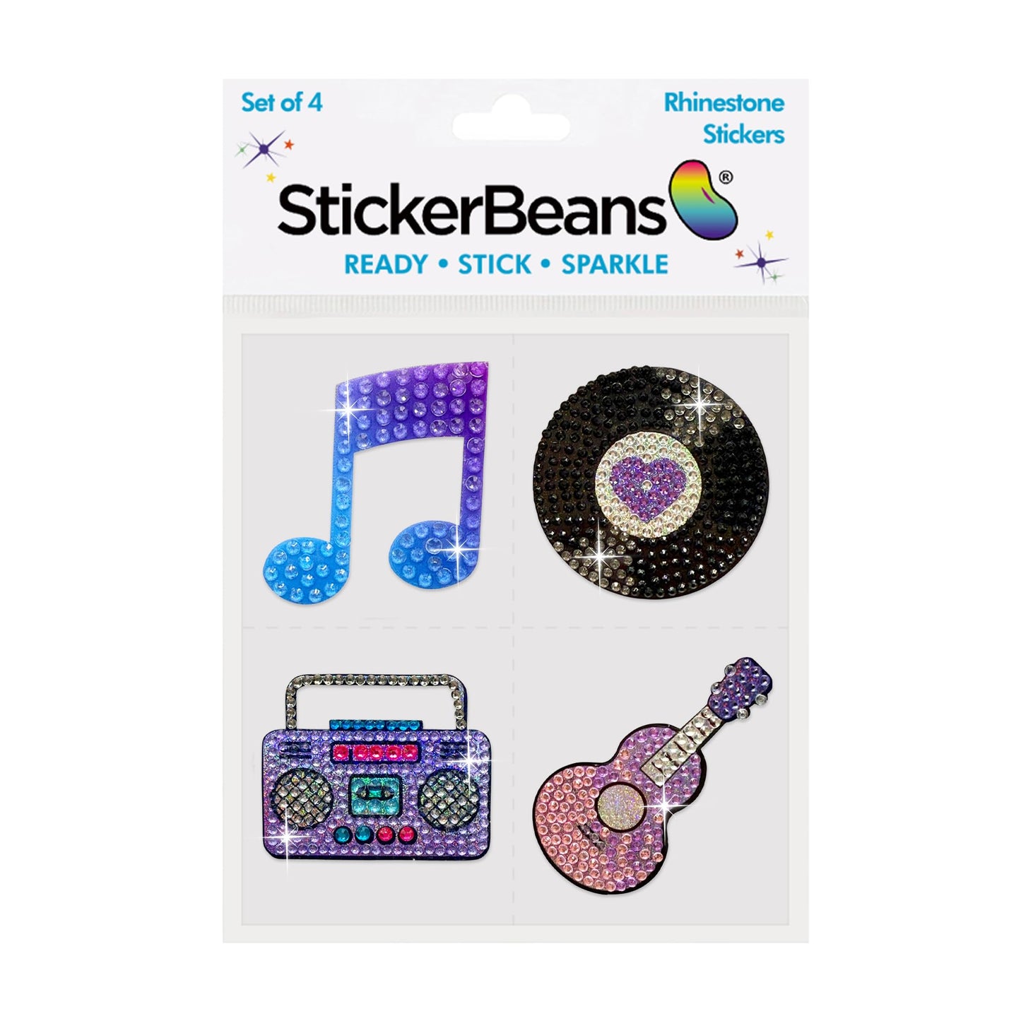 StickerBeans® Rhinestone Stickers – I Love Music Sticker Pack, 2” x 2” Unique Sparkly Cut-to-Shape for Collecting, Trading, Decorating Laptops, Phone Cases, Scrapbooks - Kids, Teens, Adults
