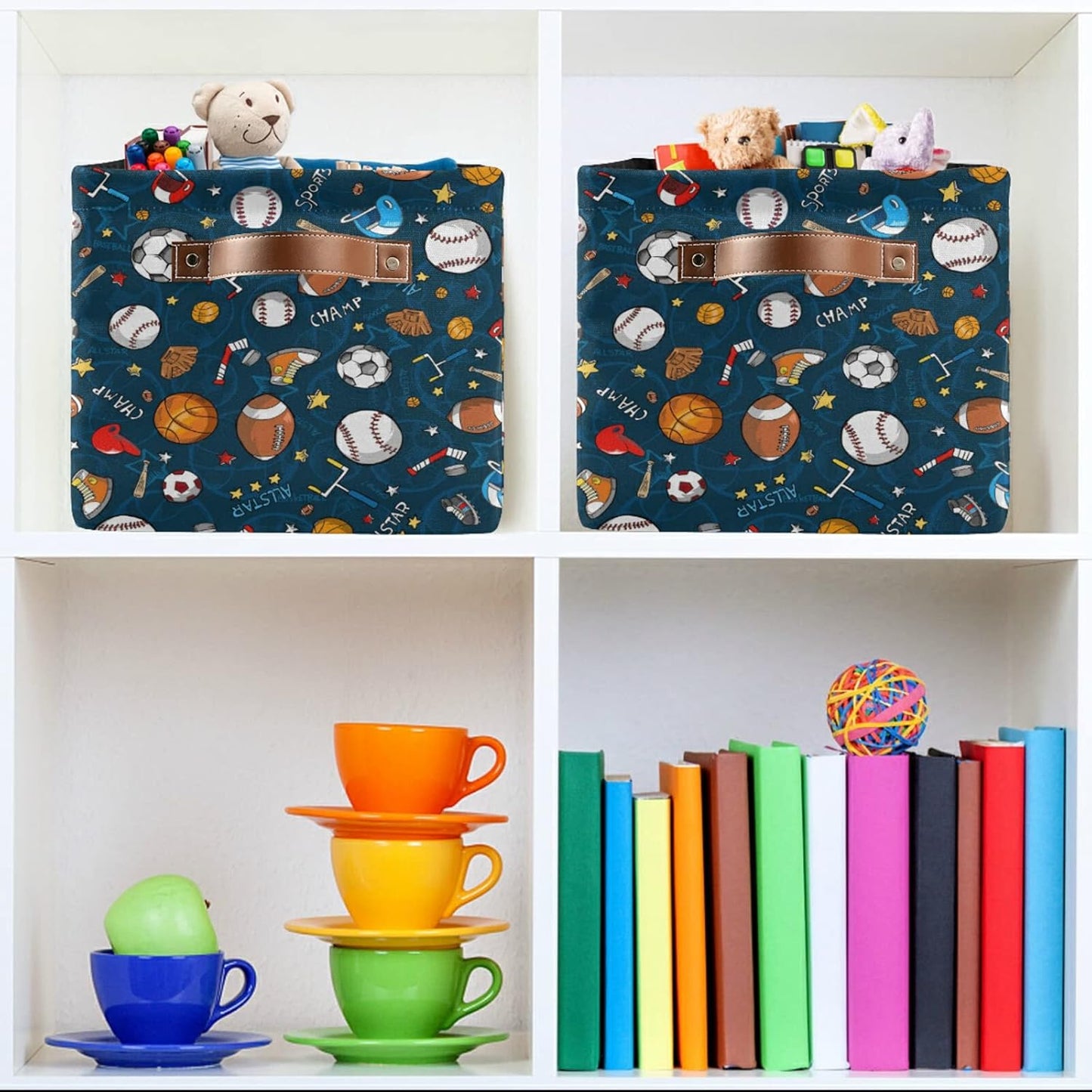 Sport Ball Baseball Basketball Storage Basket Bins, Football Soccer Decorative Baskets Storage Box Collapsible Storage Cubes Organizer with Handles for Nursery Shelf Closet Office Home