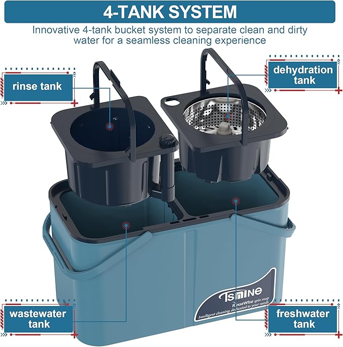 Gen 1 Large-Capacity Spin Mop and Bucket – for Big Homes & Deep Cleaning Days,4-Chamber System Separates Dirty & Clean Water, 2-GAL Heavy-Duty Design with Wheels & 6 Refill Mop Heads - Blue/Grey