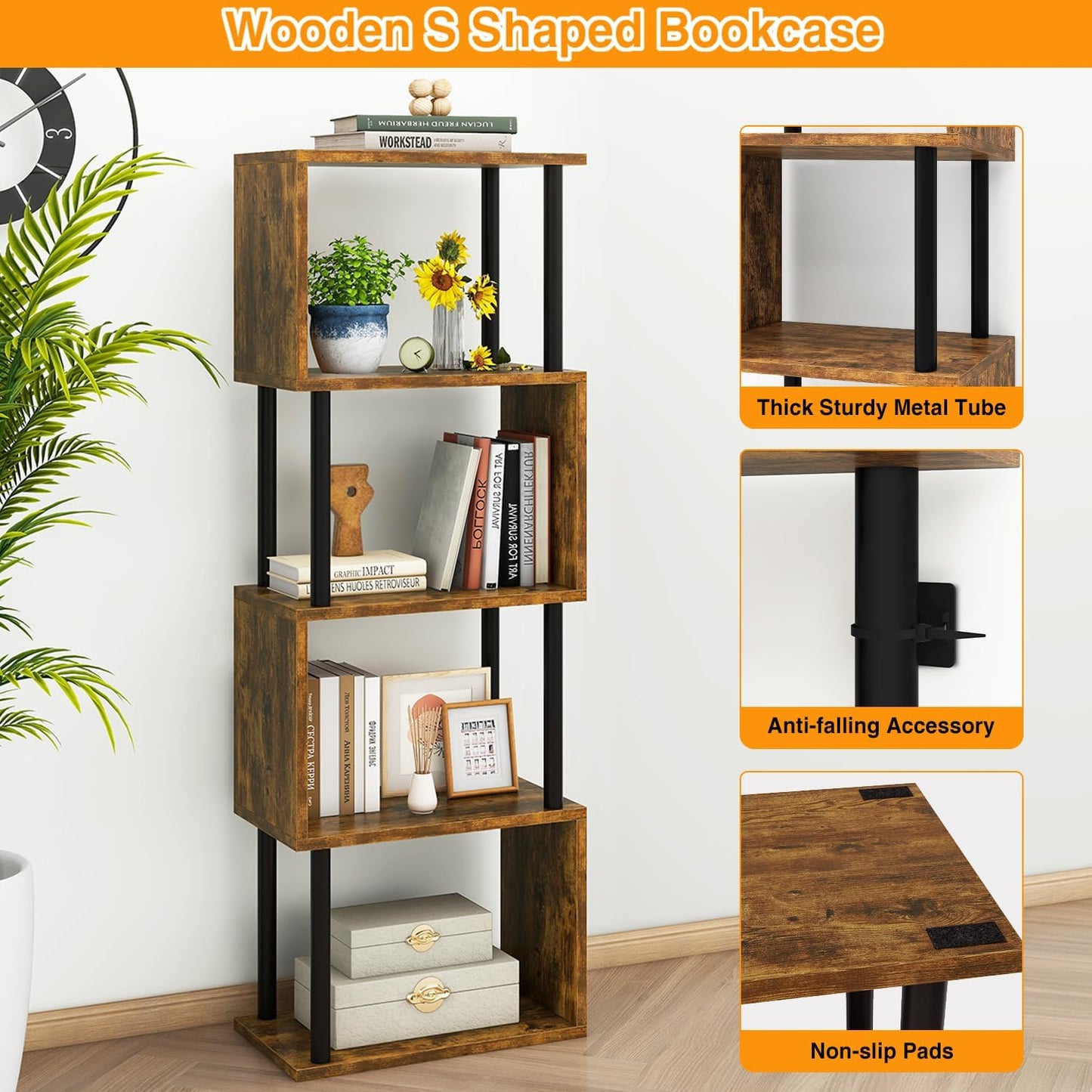 IBUYKE 5-Tier Tall Bookshelf,S-Shaped Geometric Bookcase, Wood Display Shelves with Storage,Industrial Bookshelf for Living Room Bedroom, Home Office, Rustic Brown WBC015H