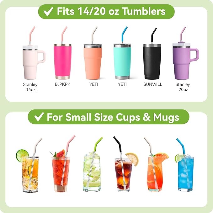 Metal Straws for Stanley Cups 14 oz & 20 oz,Replacement Stainless Steel Short Straw with Silicone Tip Reusable for Stanley Quencher H2.0 Small Tumbler,Dishwasher Safe,100% BPA Free(8.6″ Purplish Pink)