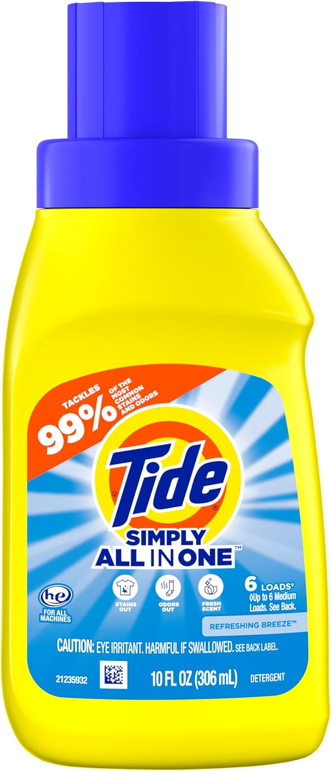 Tide Simply All-In-One Liquid Laundry Detergent, Refreshing Breeze Scent, 6 Loads, 10 fl oz