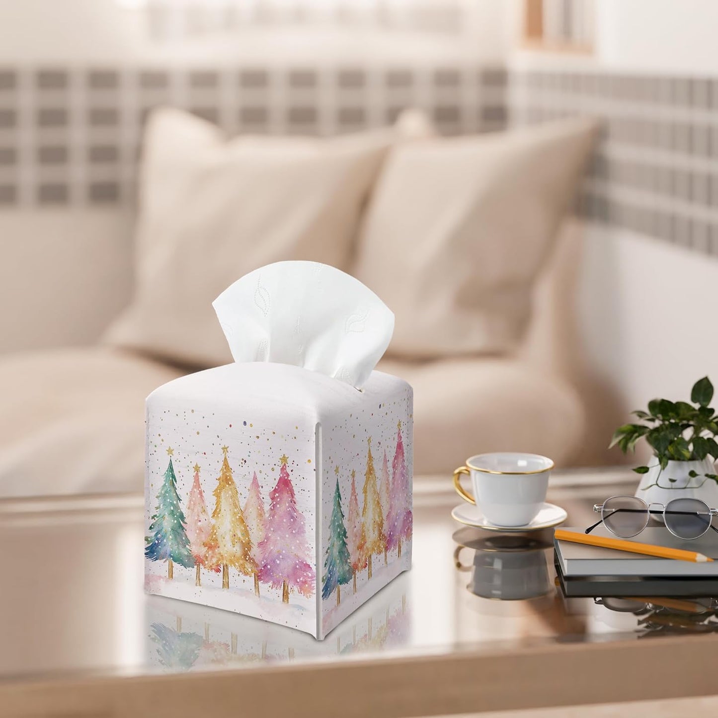 Christmas Tissue Box Holder, Colorful Christmas Tree Leather Tissue Box Cover Square, Paper Facial Decorative Tissues Cover for Night Stands Bathroom Kitchen Office Car Home Decor-B18
