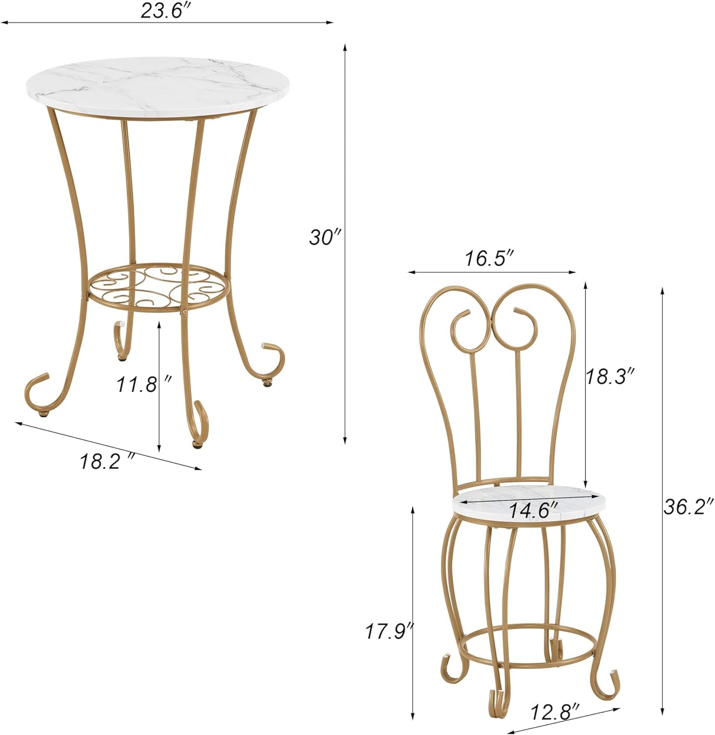 JOIN IRON 2-Piece Bistro Dining Set for Indoor Use, Marble-Look Tabletop with Gold Metal Frame, Vintage French Café Style Round Table and Chairs for Kitchen, Breakfast Nook, Small Apartment (Gold)