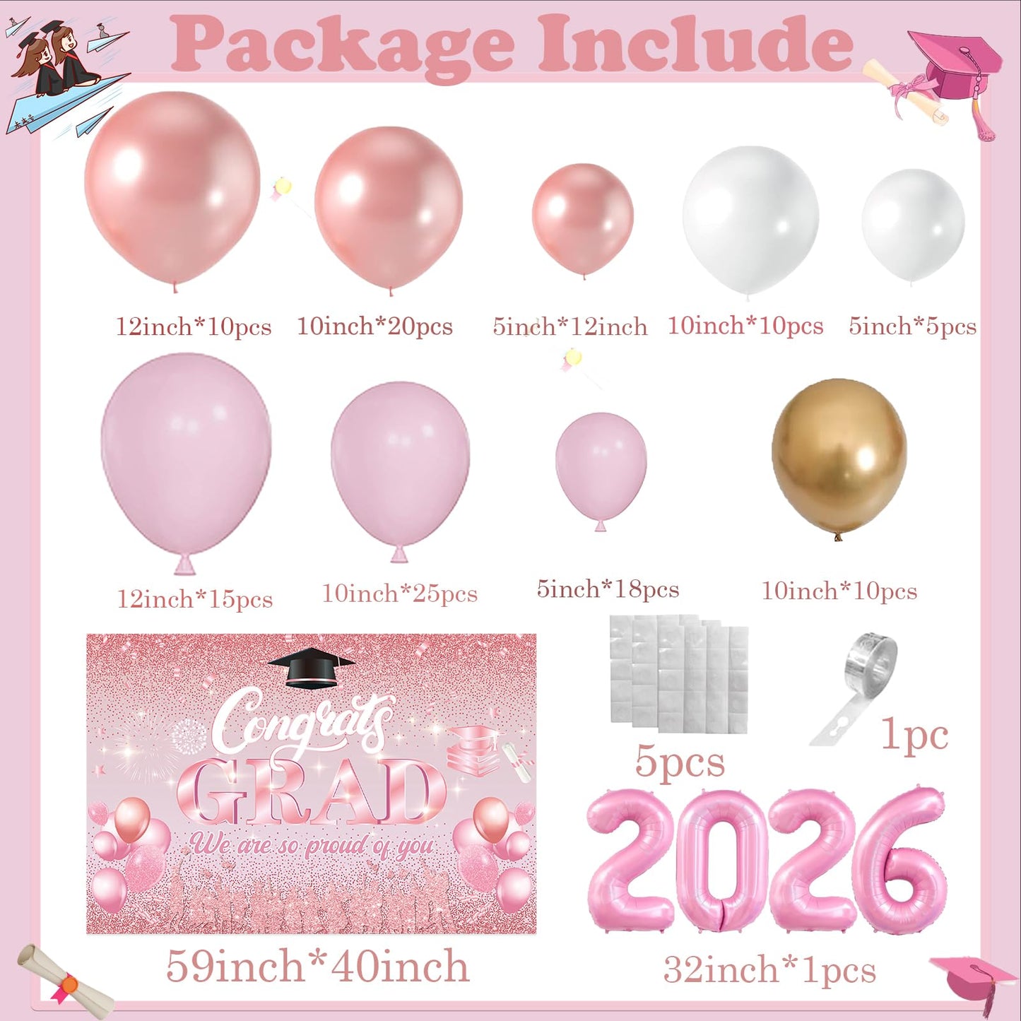 Pink Graduation Decorations Class Of 2026 - Graduation Balloon Arch Kit With Pink Rose Gold Balloons, Grad Backdrop, 2026 Foil Balloons For Girls High College School Decor