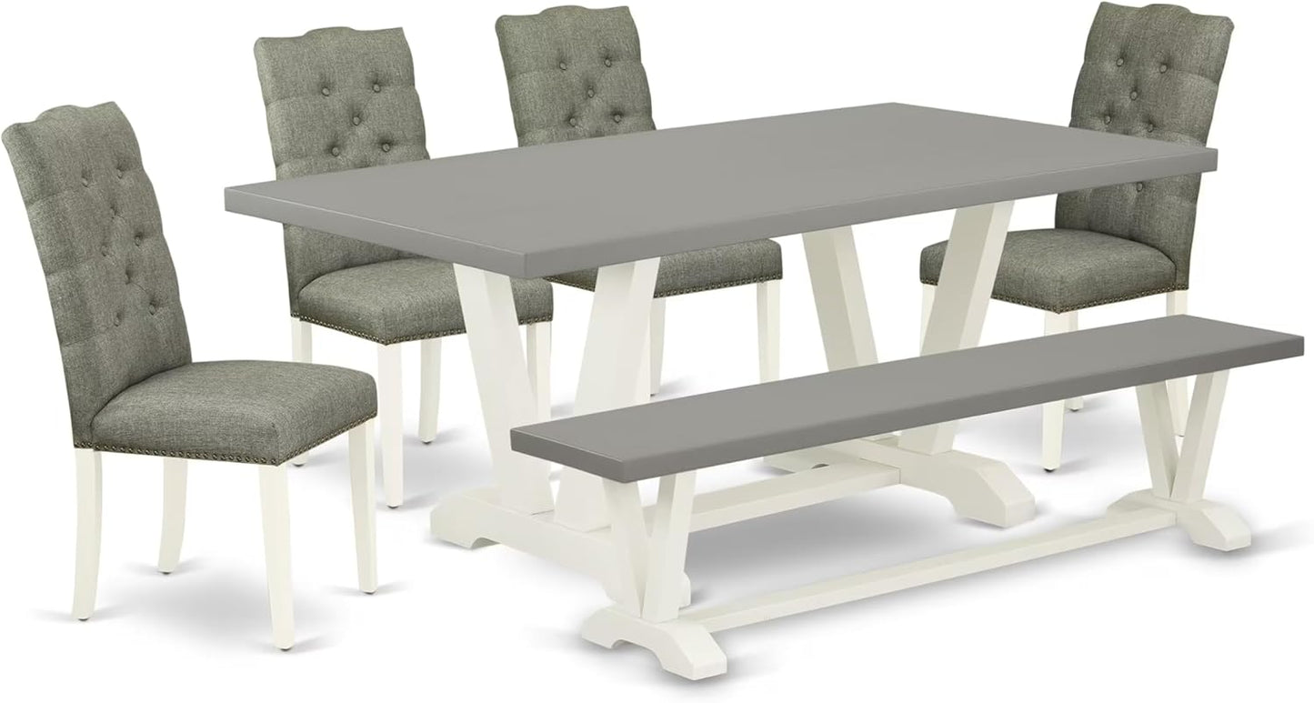 East West Furniture V097EL207-6 6 Piece Dining Room Table Set Contains a Rectangle Kitchen Table with V-Legs and 4 Gray Linen Fabric Parson Chairs with a Bench, 40x72 Inch, Multi-Color