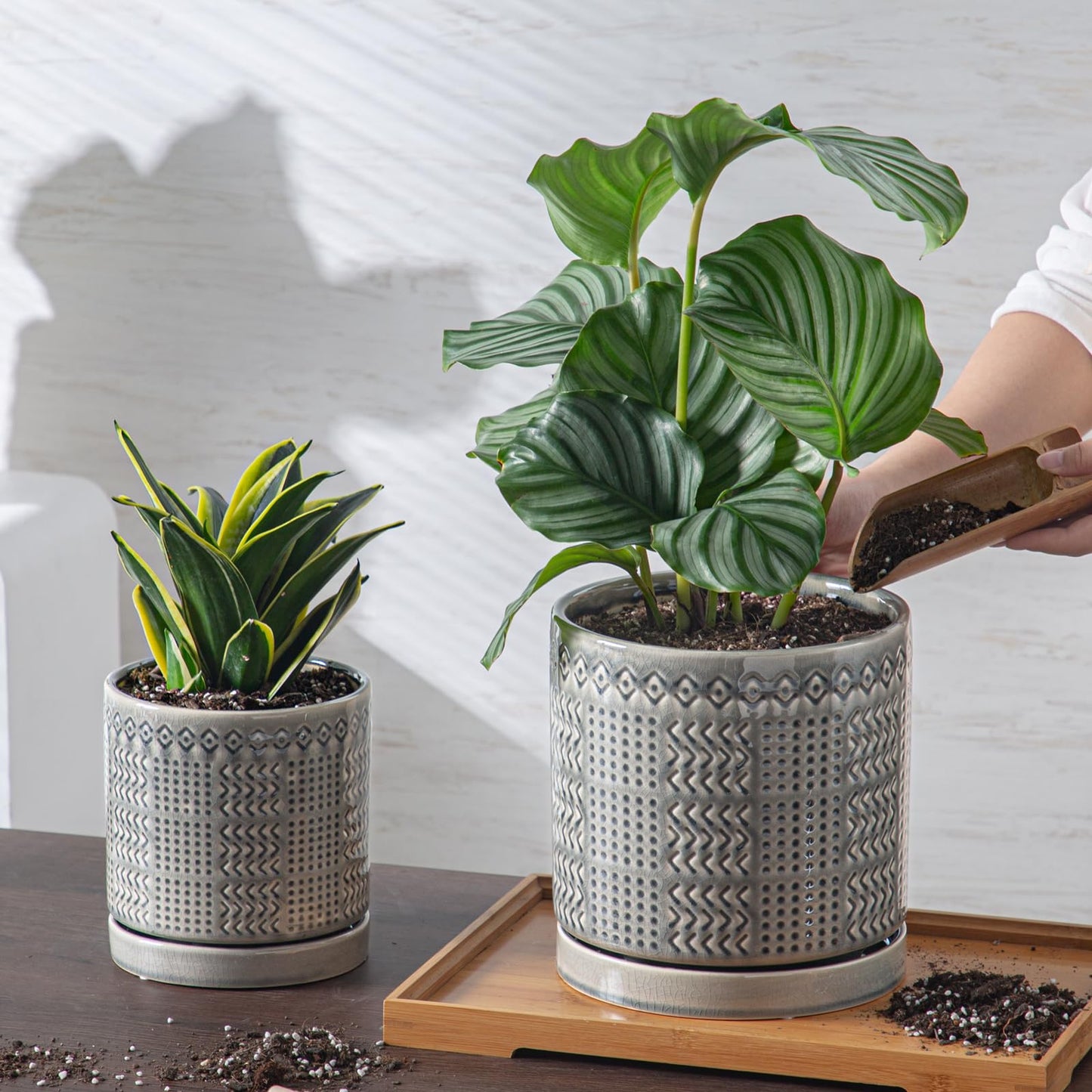 POITONRU Indoor-Outdoor Ceramic Plant Pots: 8 Inch Flower Pots with Drainage Hole & Saucer - Decorative Ceramic Pots for Plants Herbs Succulents - Home Garden Patio Lawn Use