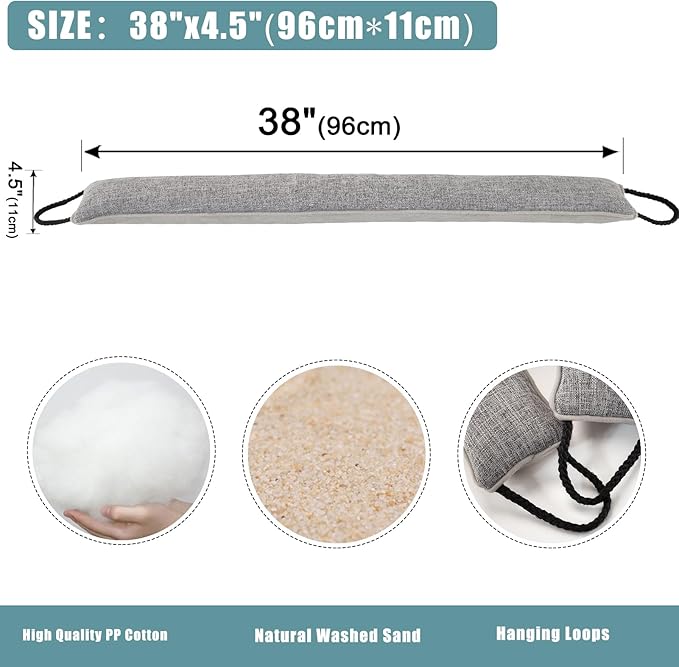 Marwood Under Door Draft Stopper 38 inch Wind Stopper for Door & Window, Weighted French Air Draft Stopper Front Door Snake Noise Blocker for Bottom of Door with Hanging Loops - Grey