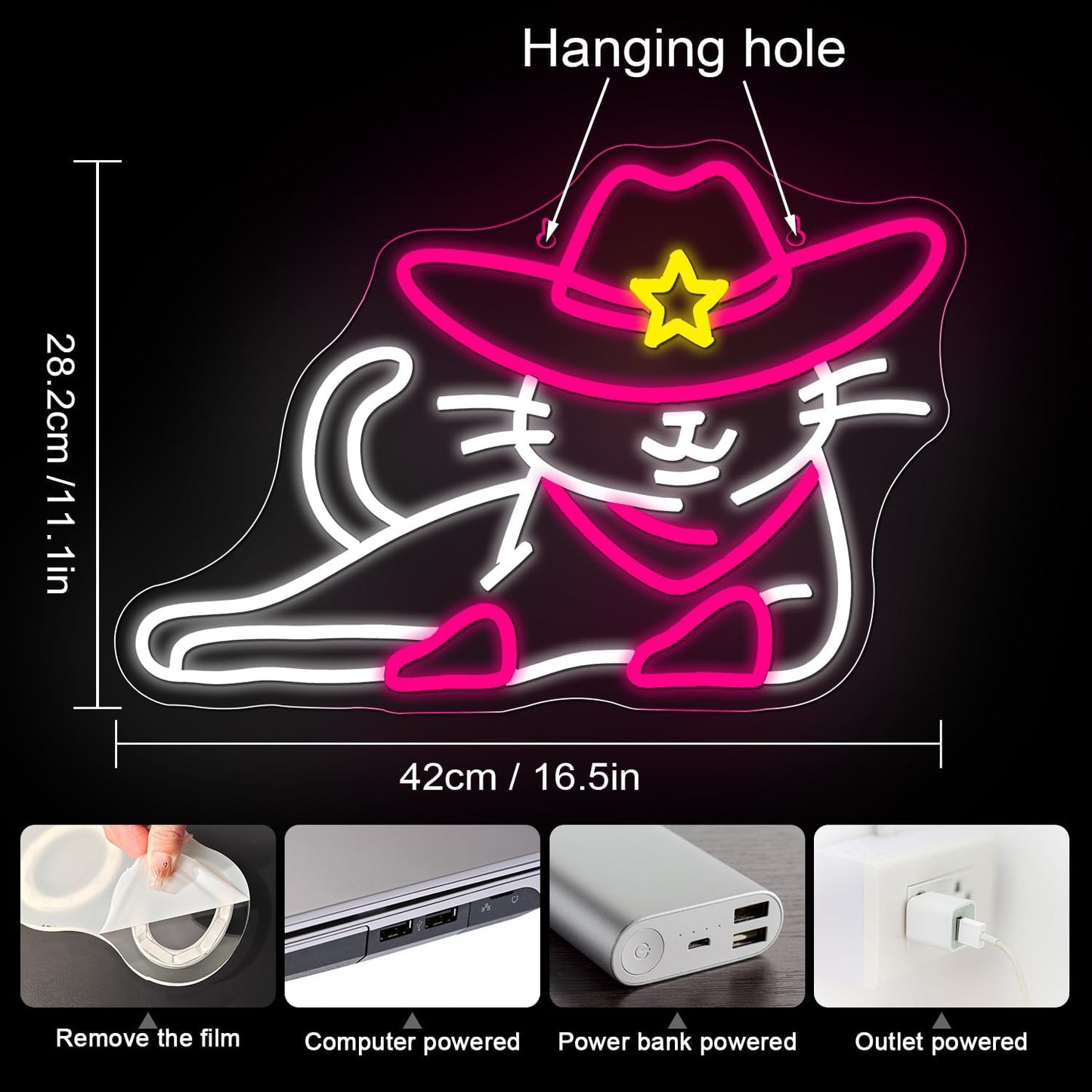 WLHOPE Cowboy Cat Neon Signs for Wall Decor Western Cute Cat LED Lights Decorations for Bar Party Bedroom Club Living Room,Best Gift for Teens