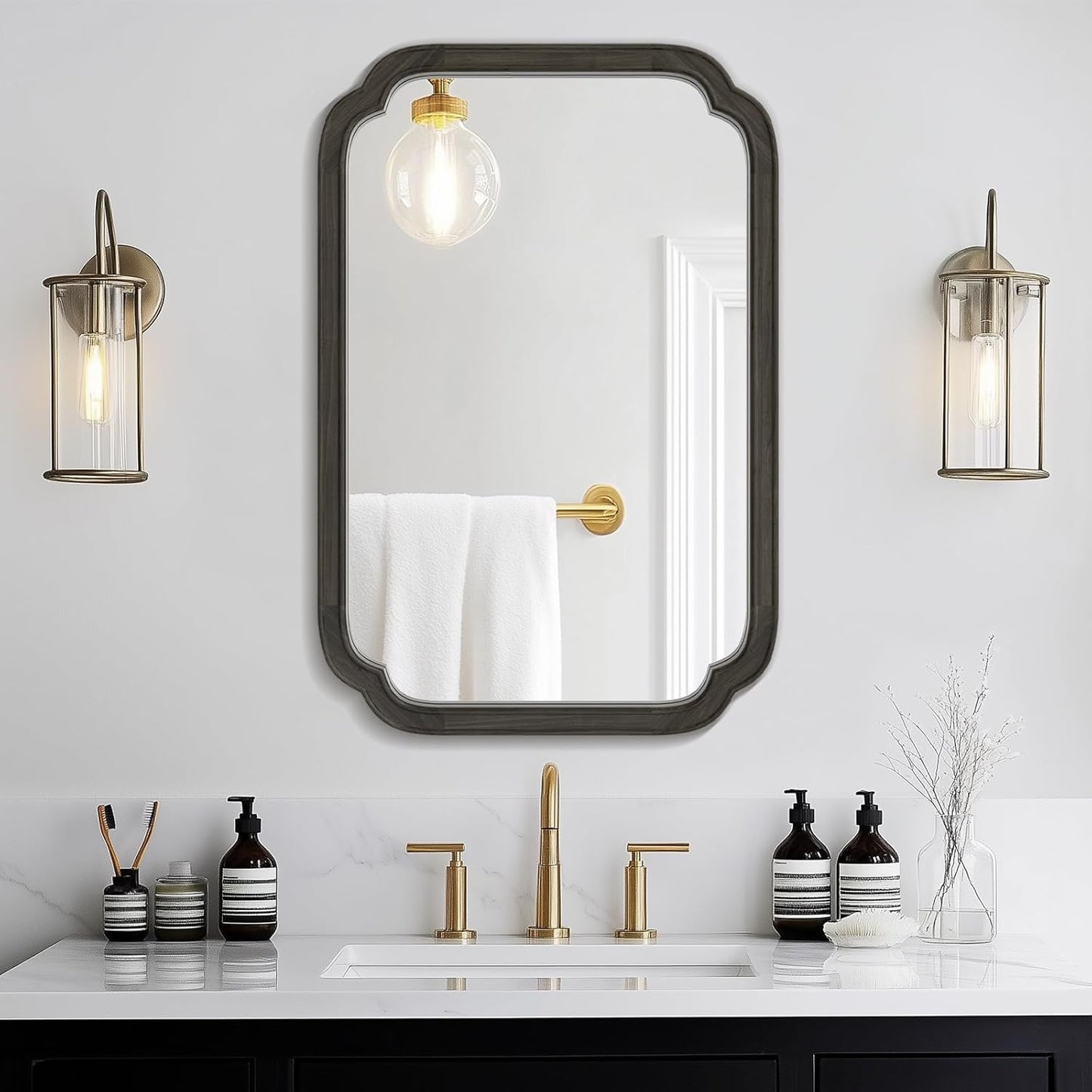 WallBeyond 20" x 30" Rounded Corner Arch Wall Mirror with Wood Frame for Entryway, Living Room or Bedroom Home Decor - Light Woodgrain [20" x 30" Black]