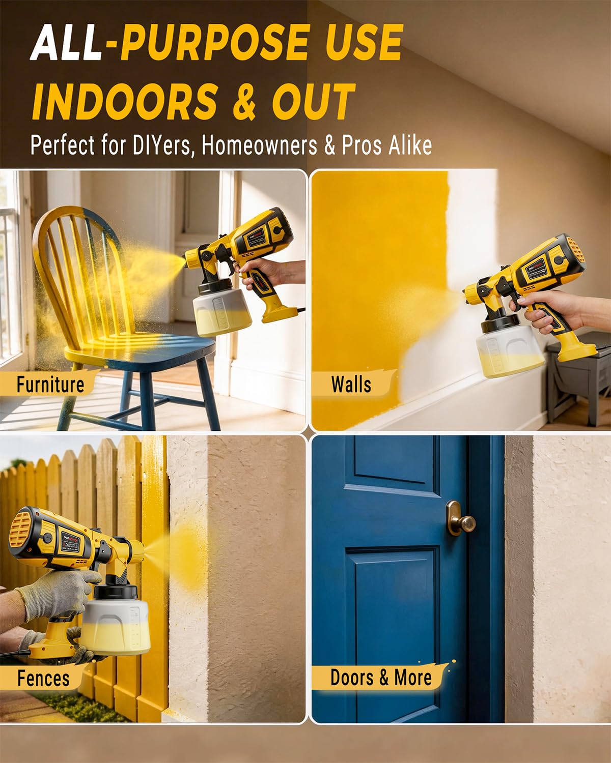 Paint Sprayer Indoor Outdoor, 1000W Electric Handheld HVLP Spray Paint Gun with 3 Patterns 6 Nozzles, Easy to Clean & Use, Stain Sprayer for House Painting, Furniture, Cabinets, Walls, Doors, Fences