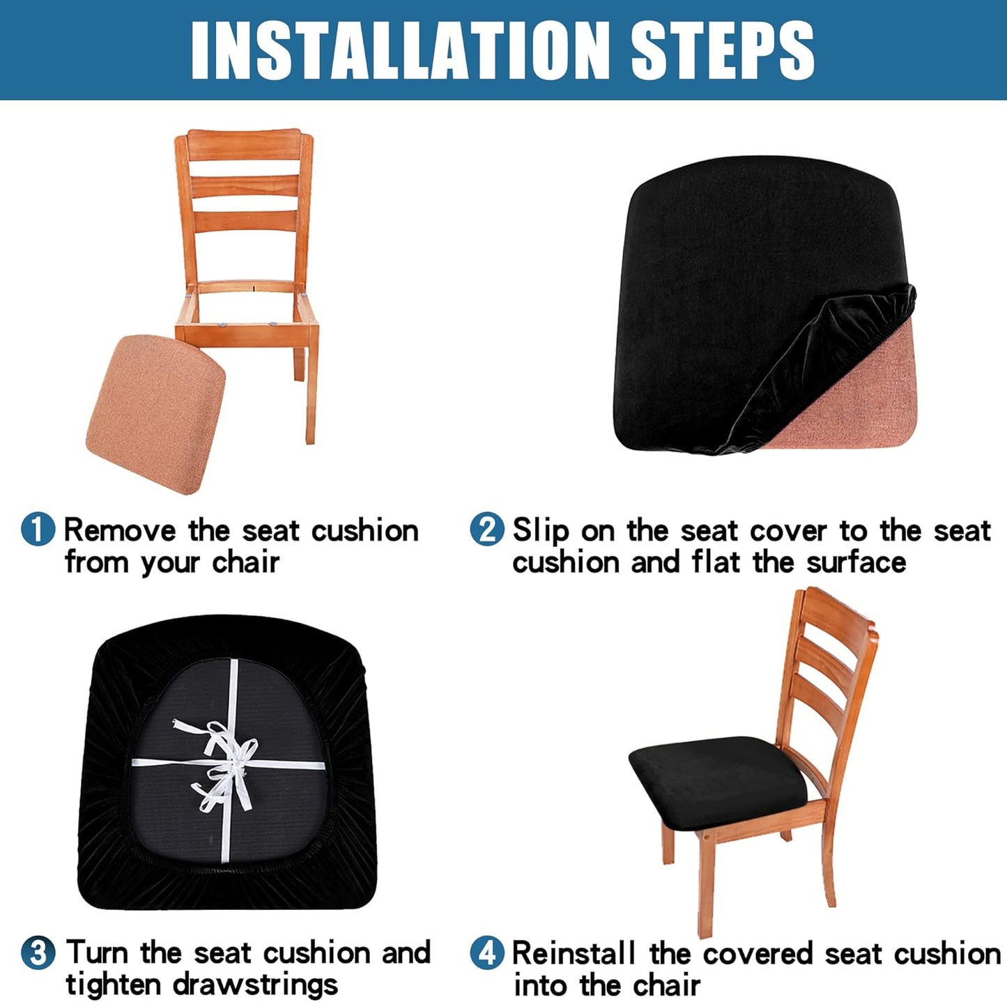 Smiry Velvet Seat Covers for Dining Room Chair Set of 6, Stretch Fit Removable Washable Chair Seat Cushion Protector Slipcovers with Ties, Dark Grey