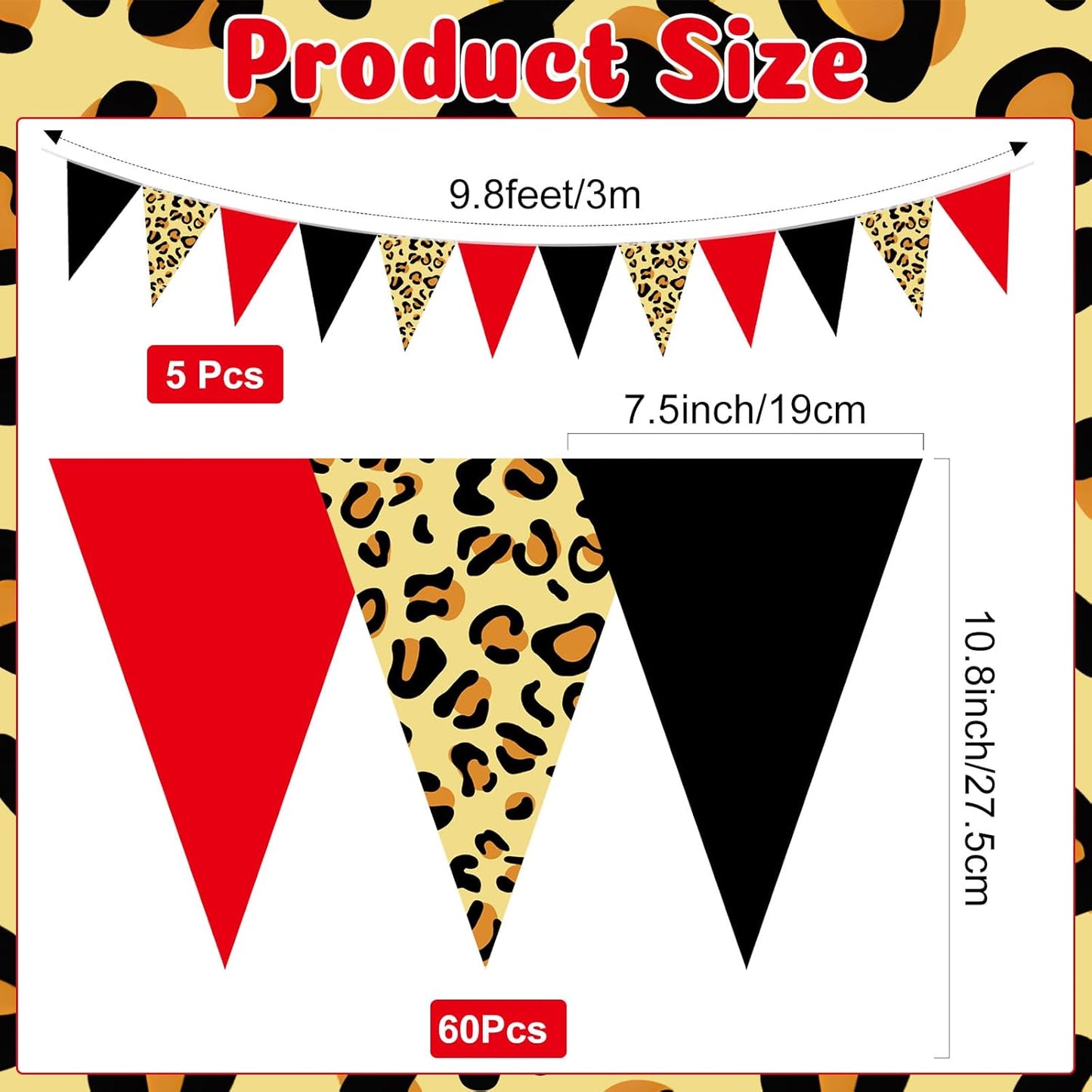 Pasimy 49.21 ft 60 Pieces Cheetah Print Theme Party Pennant Banner Flags Decor Black and Red String Triangle Flags for Baby Shower Family Farm Red Black Birthday Party Decorations Supplies