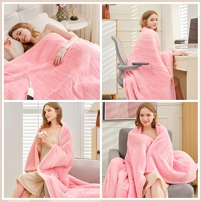Premium Heated Throw Blanket 50"×60" - Ultra Cosy Soft Electric Blanket with 8 Heating Levels,Plush Fast Heating Faux Rabbit Fur Blanket for Bed & Couch - Auto Shut Off,Machine Washable (Pink)