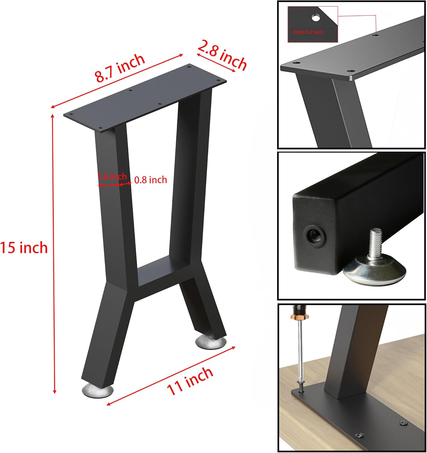 Bench Legs,Coffee Table Legs 15-Inch, Black Metal End Table Legs,Iron Desk Legs for Table,Heavy-Duty Furniture Legs,Patas para Mesa,Easy Install with Adjustable Feet,DIY Legs (H Shape,2 Pcs)