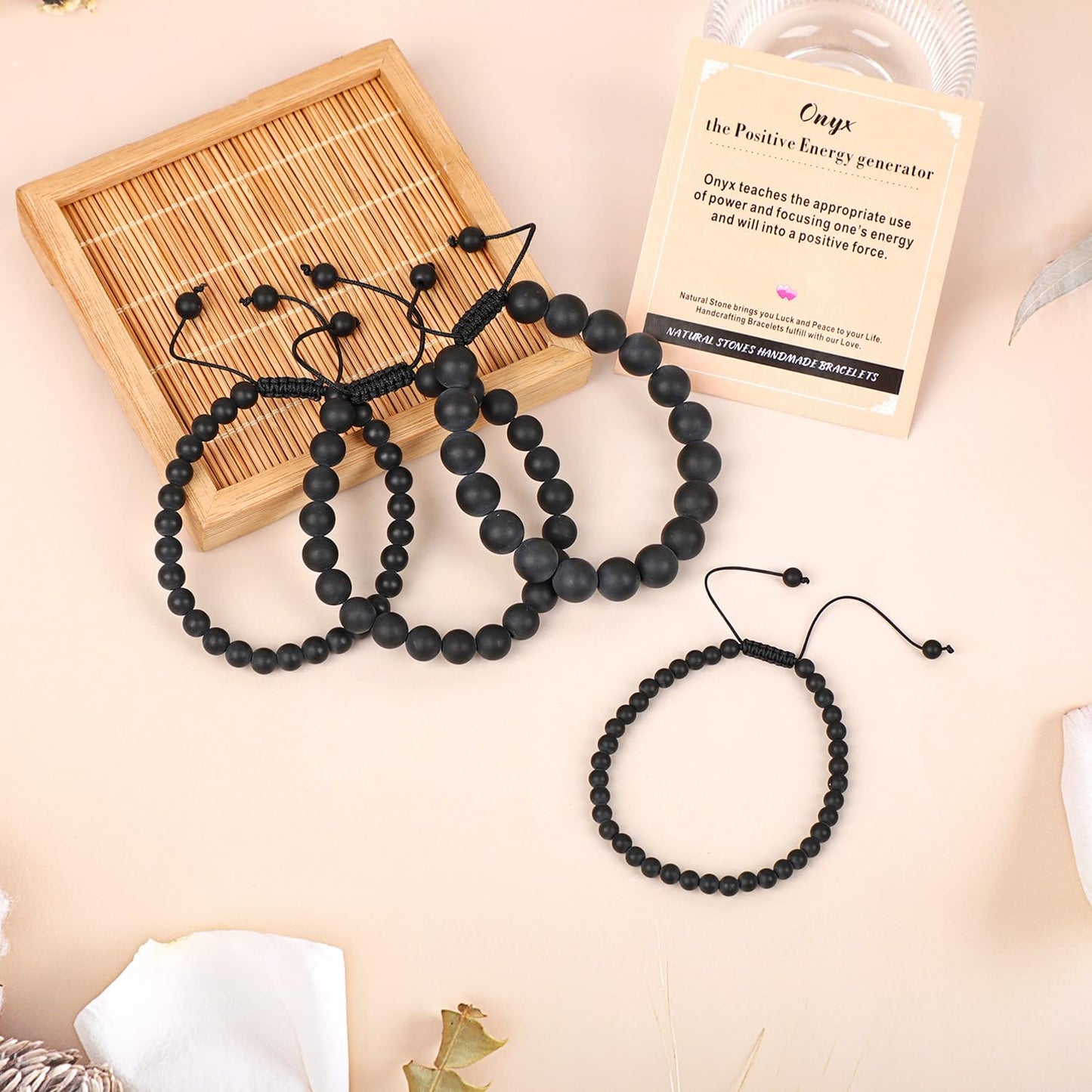 AD Beads 4mm Matte Onyx - Positive Energy - Handmade Natural Stone Crystal Bracelet with Adjustable Macrame String - Yoga Healing Power Energy Gifts for Men and Women