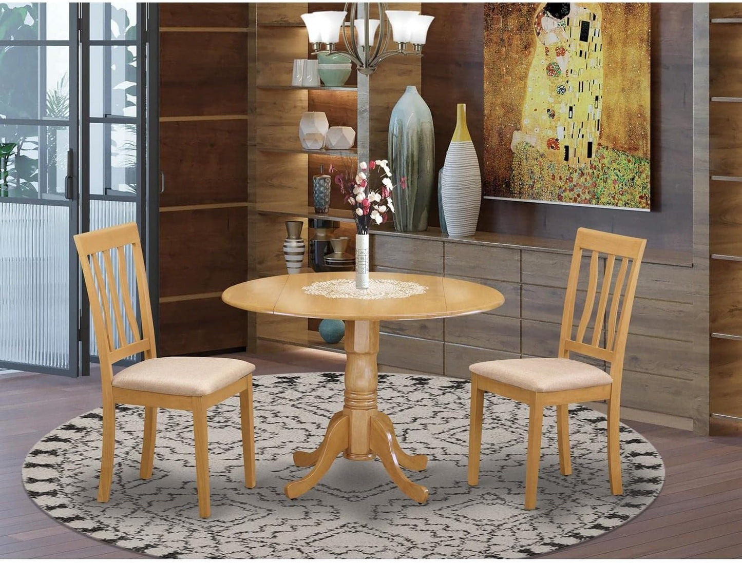 East West Furniture DLAN3-OAK-C 3 Piece Kitchen Table & Chairs Set Contains a Round Dining Room Table with Dropleaf and 2 Linen Fabric Upholstered Dining Chairs, 42x42 Inch, Oak