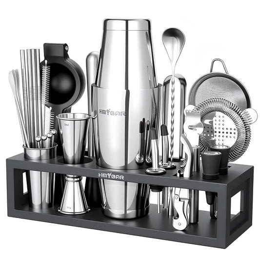 HMYBAR® Bartender Kit with Black Bamboo Stand, 31-Piece Cocktail Shaker Set, 20/28 oz Boston Shaker Set for Home Bar, Mixology Bar Tool Set with 39 Recipe Cards