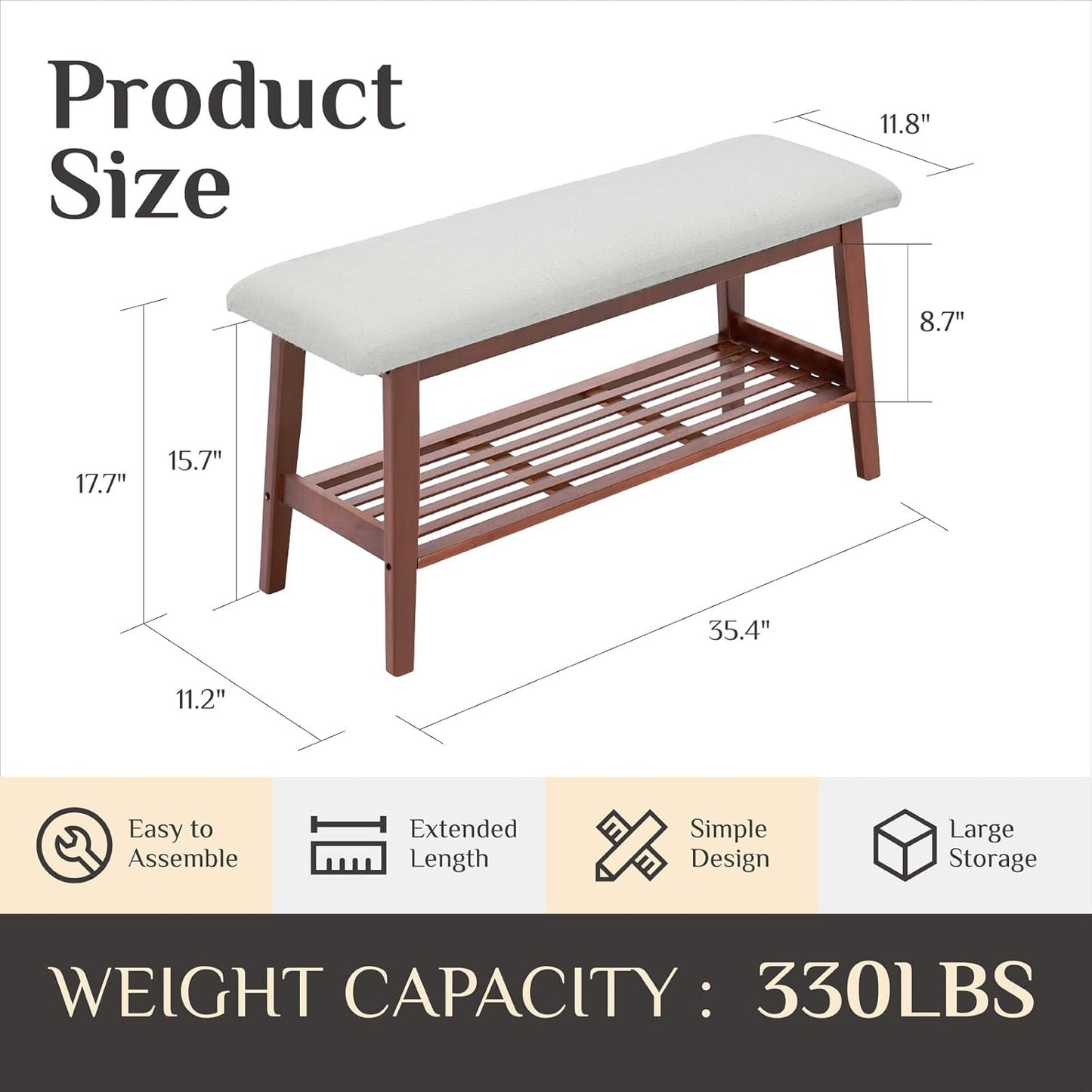Entryway Shoe Bench, 35.4" Bamboo Bench for Bedroom End of Bed, 2-Tier Shoe Rack with Cushion Padded Seat, Shoe Organizer Stable for Entry Hallway Living Room Bedroom, 35.4"W x11.2"D x 17.7"H