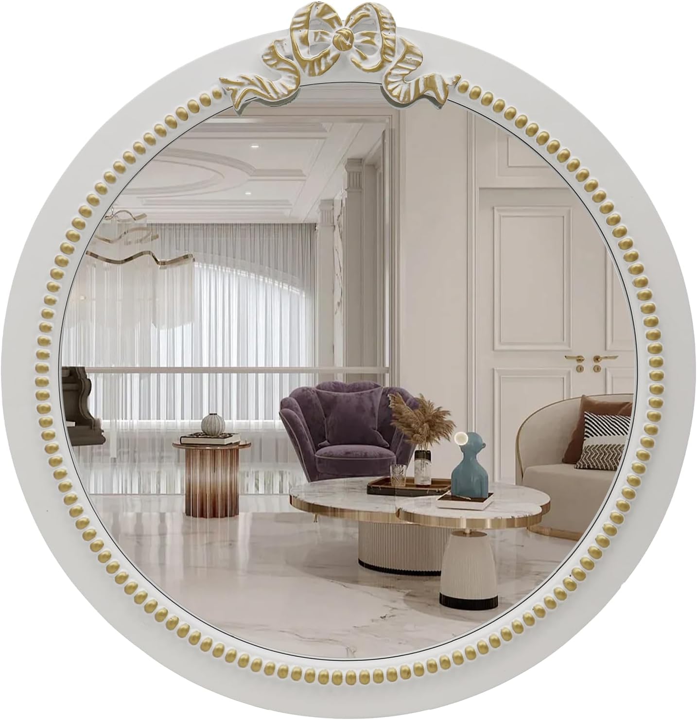 Vintage Round Wall Mirror 23.6inch Farmhouse Wooden Vanity Mirror for Wall Decor, Decorative Antique White Bathroom Mirrors, Traditional Art Home Bow Decor for Dressing Table, Living Room or Bedroom