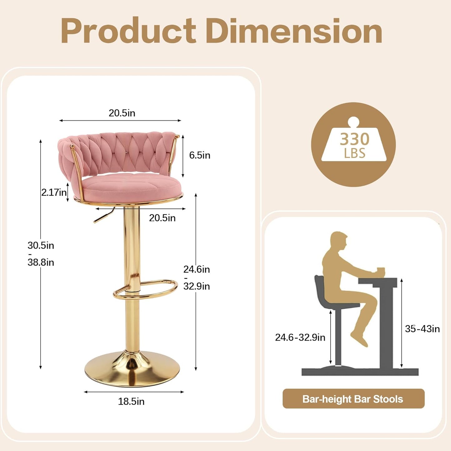 VECELO Bar Stools Set of 2, Adjustable Barstools Counter Height Stools with Back and Arm, Velvet Woven Kitchen Island Stools w/Gold Metal Leg & Base, 360° Swivel Bar Chair, Pink