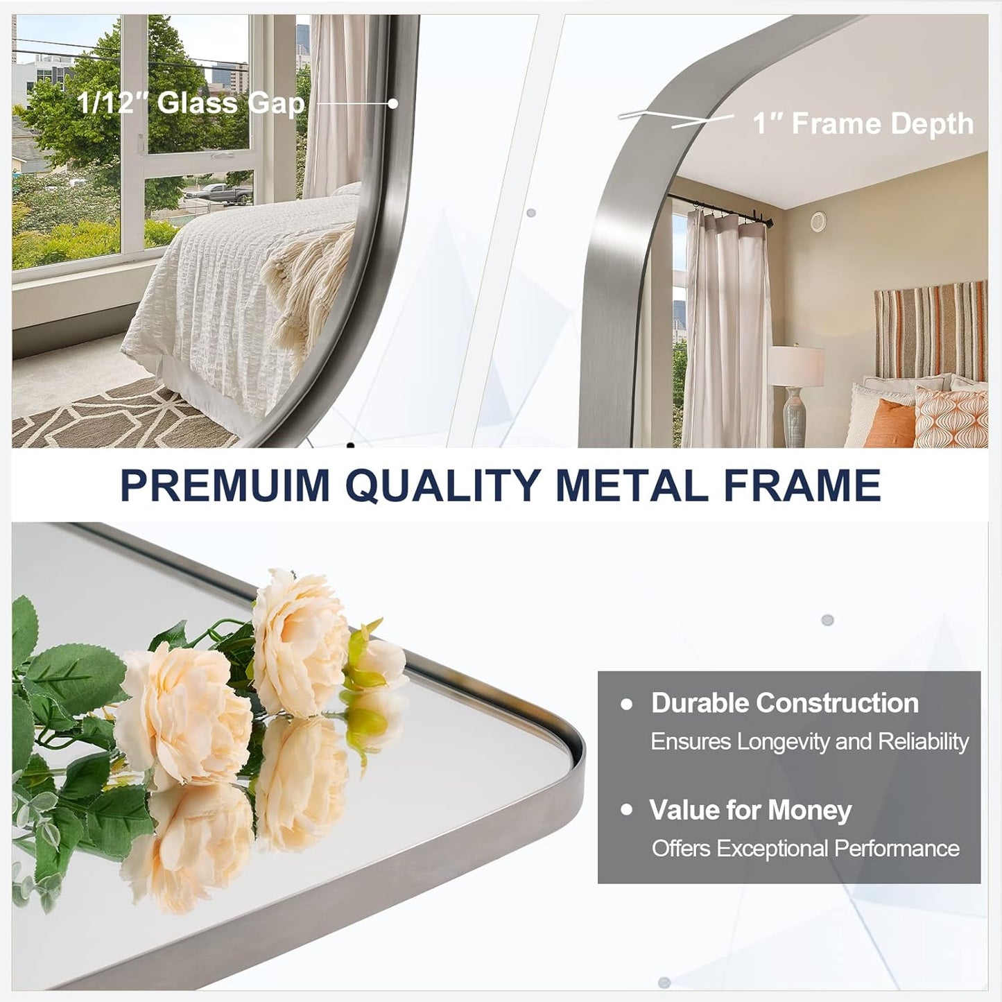 ANDY STAR Brushed Nickel Mirror, 28x36 Inch Stainless Steel Metal Frame Oblong Bathroom Mirror for Vanity, 1’’ Deep Wall Mounted Vertically/Horizontal
