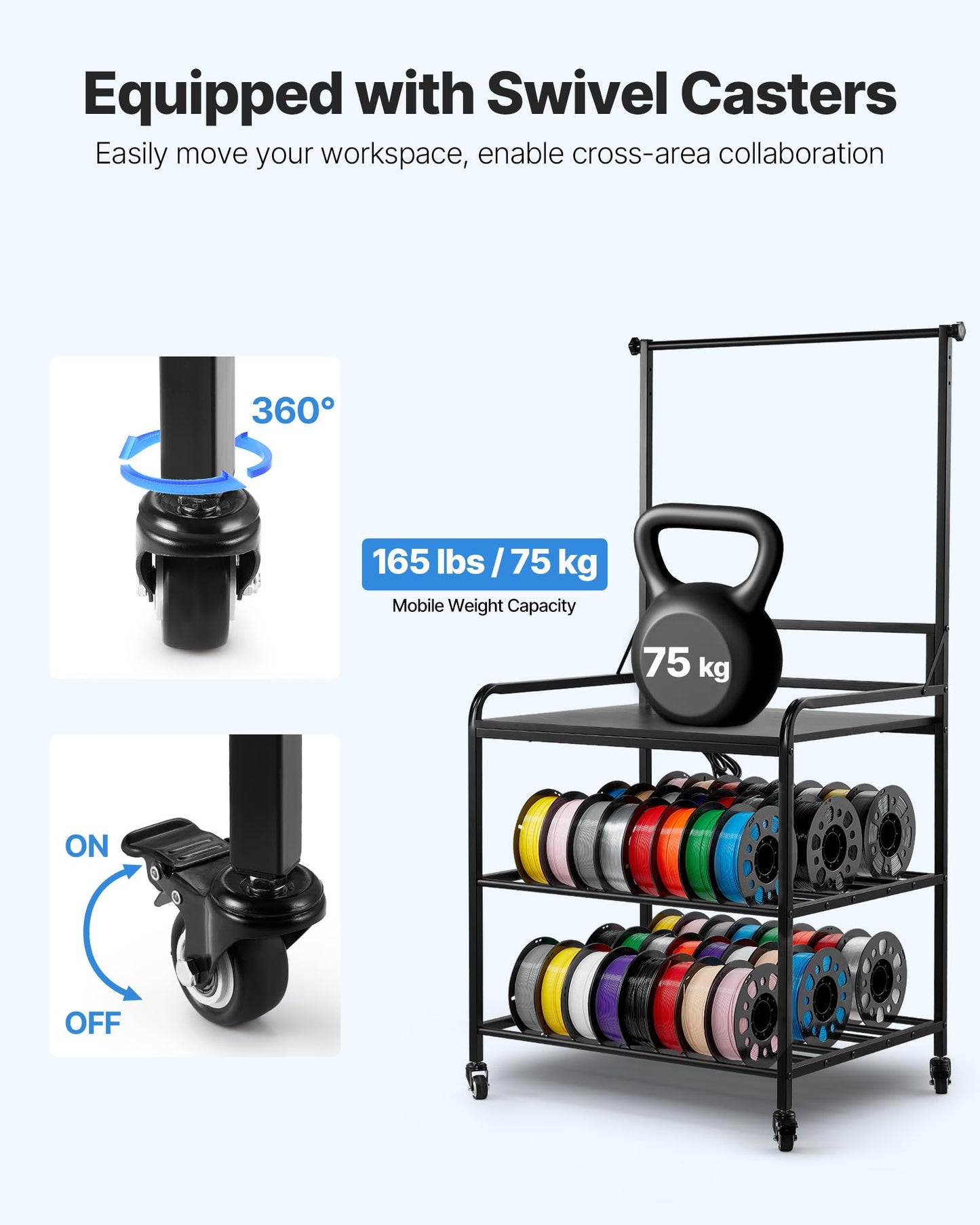 Vevor 3D Printer Filament Storage Rack, 3-Tier 3D Printer Stand With Filament Storage, Spools Holder Racks Cart With Wheels, Fil