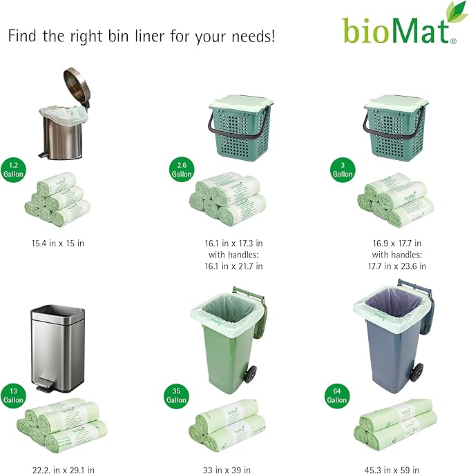bioMat 3 Gallon Compost Bags with Handle Ties, 125 Count, Compostable Trash Bags BPI ASTM D6400 and CMA Certified