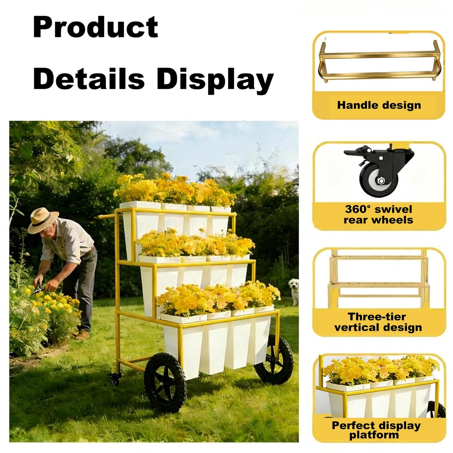 VITNSVILE Mobile Metal Flower Plant Stand, 360° Rolling Flower Display Stand for Indoor Outdoor, Space Saving Flower Bar Stand for Patio, Garden Event White, Black, Gold (White)