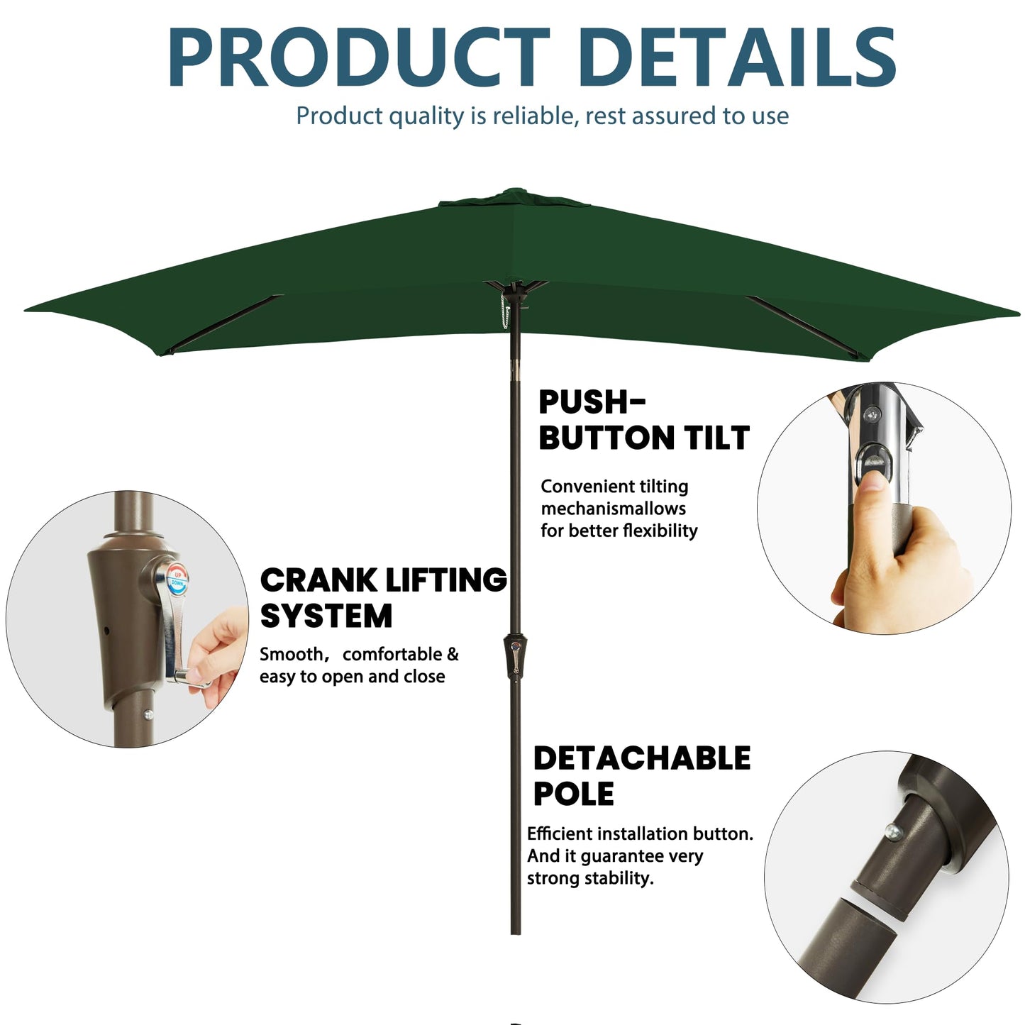GREFORG 6.5x10FT Rectangular Patio Umbrella with Push Button Tilt & Crank Lift for Garden,UV Protection Outdoor Umbrella for Deck,Pool and Yard,Green