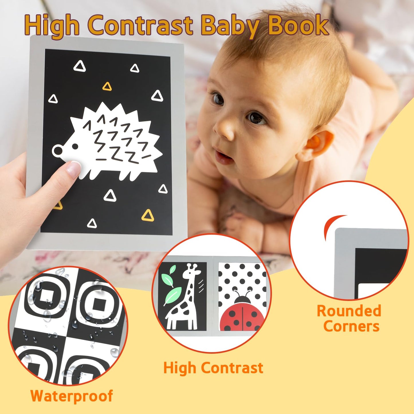 KUANGO Black and White High Contrast Tummy Time Mirror Toys Newborn Toys 0 6 Months Brain Development Infant Stimulating Sensory Baby Mirror Book 0-3 3-6 2 4 5 Months Old Baby Boy Girl Gifts
