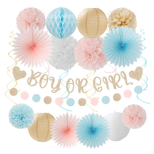 Light-Pink Blue Champagne Gender-Reveal Party-Decorations - 22pcs Boy Or Girl Banner,Neutral Paper Lanterns Streamers,Tissue Pom Poms Flowers Fans Bear Theme Decor Supplies Hugmoon
