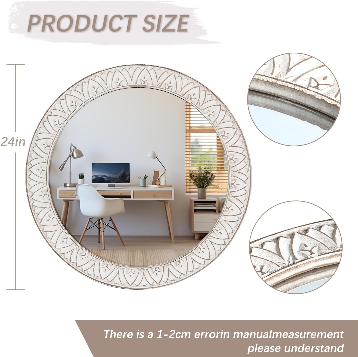 24" Round Mirror Farmhouse Wooden Frame Circle Mirrors, Rustic Decorative Distressed Wall Mounted Mirror for Bathroom, Bedroom, Living Room, Entryway, Fireplace, Hall