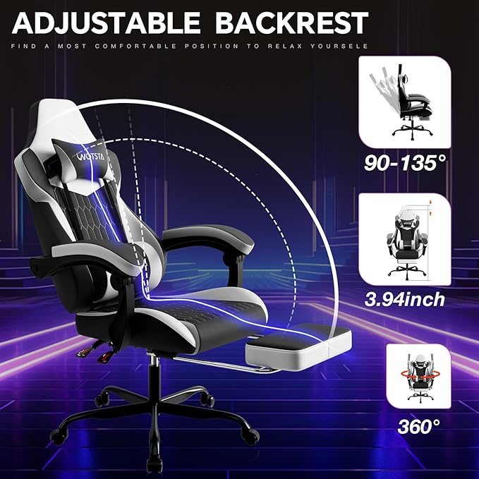 Gaming Chair with Footrest, High Back Gaming Chairs PVC Leather Ergonomic Gamer Chair with Adjustable Headrest Lumbar Support Racing Style Video Gaming Chair for Office/Home (Black White)