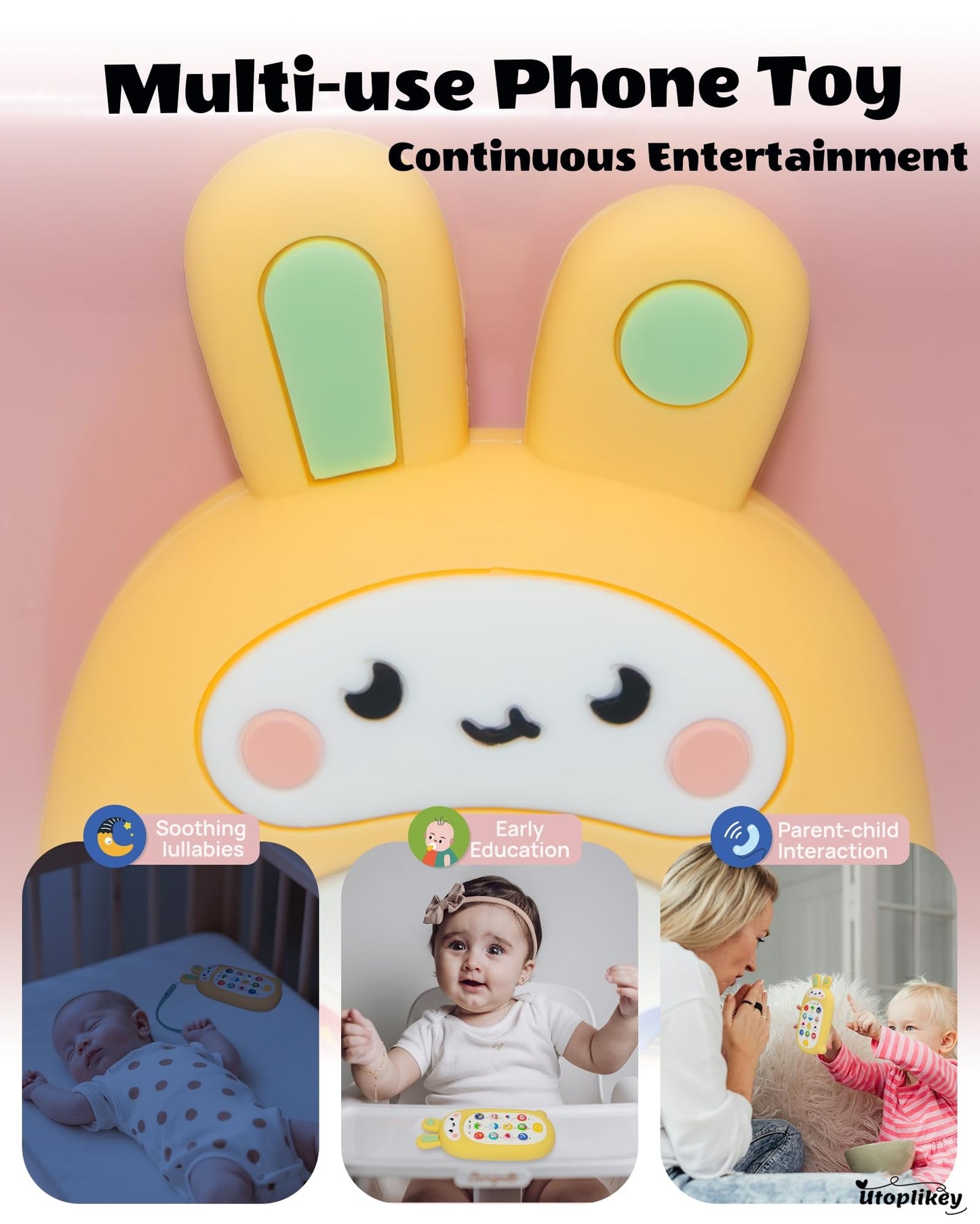UTOPLIKEY Baby Cell Phone Toy with Teething Silicon Mobile Phone Shell, Sensory Comfort Toys with 12 Learning Modes & Soothing Lullabies, Gift for Toddler Infants Baby Shower Birthday (Yellow Bunny)