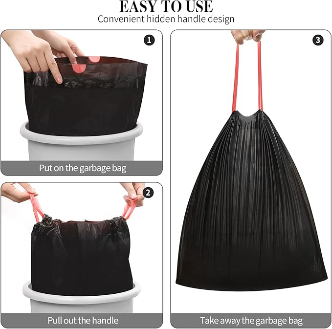 3Rolls Drawstring Small Trash Bags,4 Gallon Thicken Drawstring Small Garbage Bags for Kitchen,Bathroom,Bedroom,Home,Office Trash Cans，60 Counts (Black)