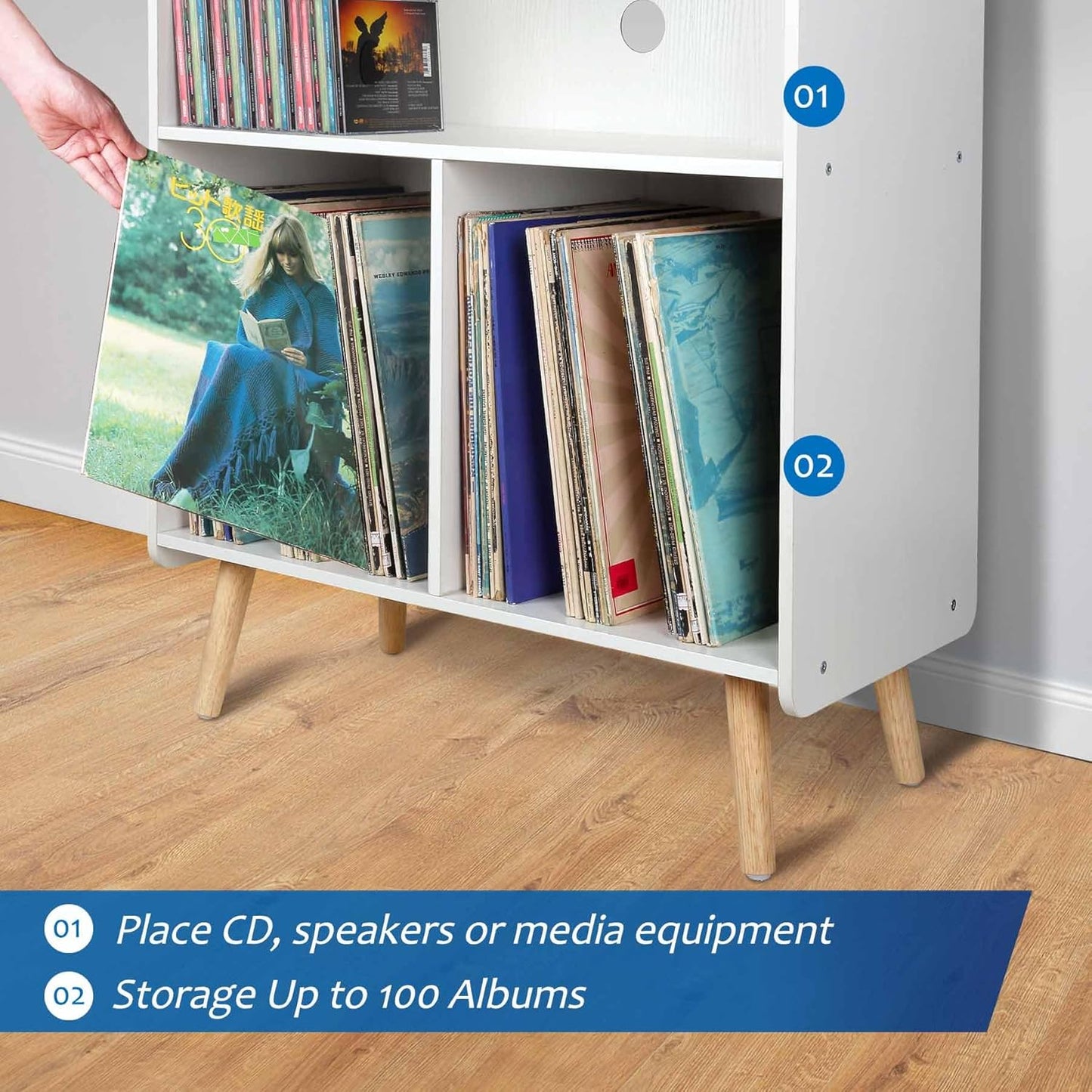 Mid-Century Wood Record Player Stand, Large Vintage Turntable Stand for Living Room, Office, 3-Tier Vinyl Record Storage Cabinet Table Holds up to 100 Albums, White