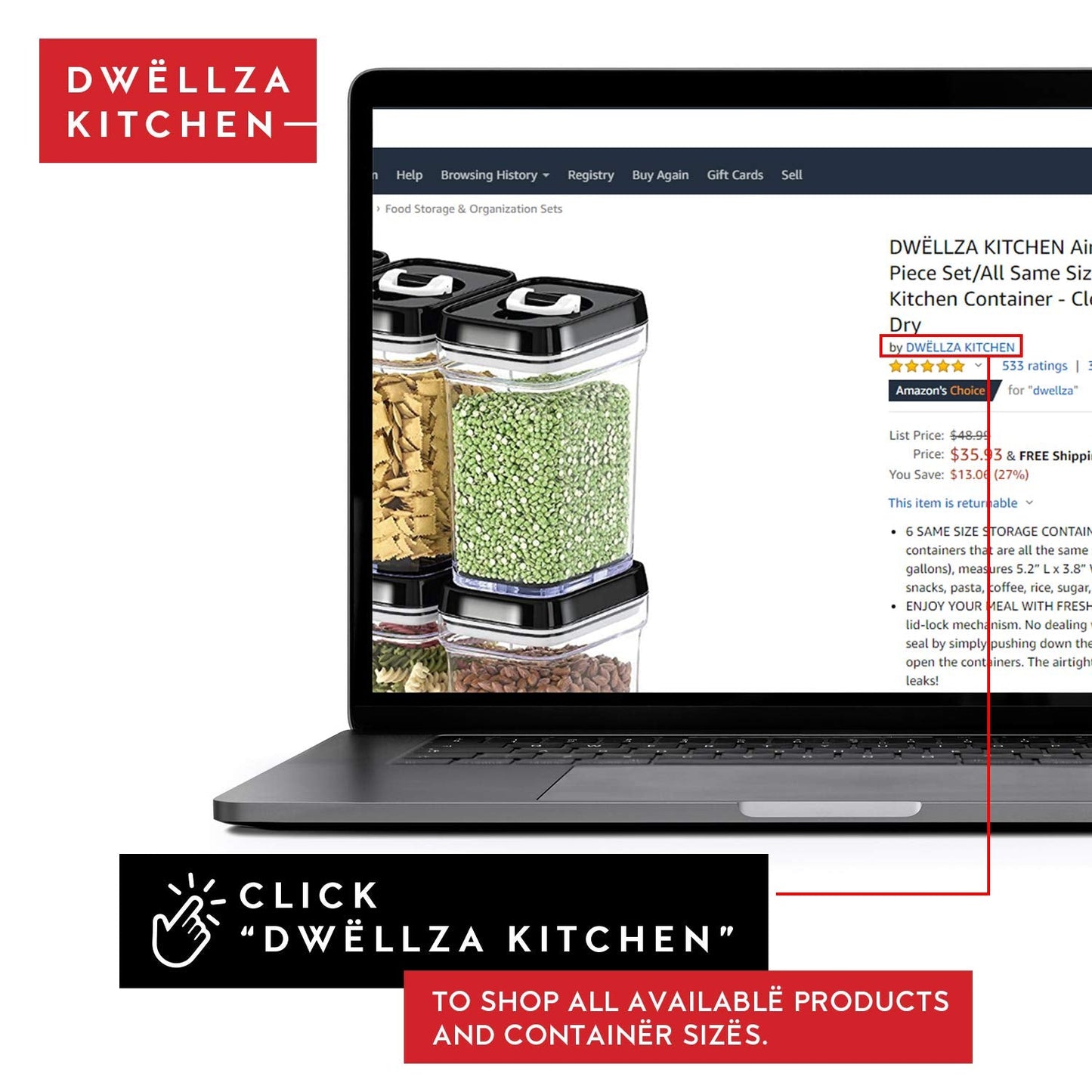DWËLLZA KITCHEN Airtight Food Storage Containers with Lids – 4 Piece Set Air Tight Kitchen Storage Containers Clear Pantry Organization and Storage Set BPA-Free - Keeps your Food Fresh & Dry