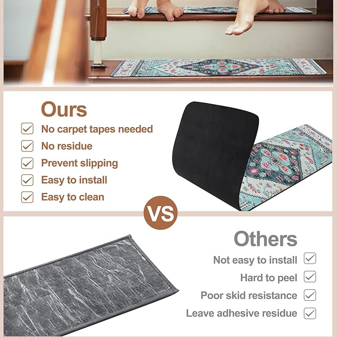 OJIA Non-Slip Stair Treads Matching Mat for Wooden Steps, Square Rubber Backing Anti-Slip Stair Carpet Landing Mat Stair Rugs 31x31 inch, Light Blue