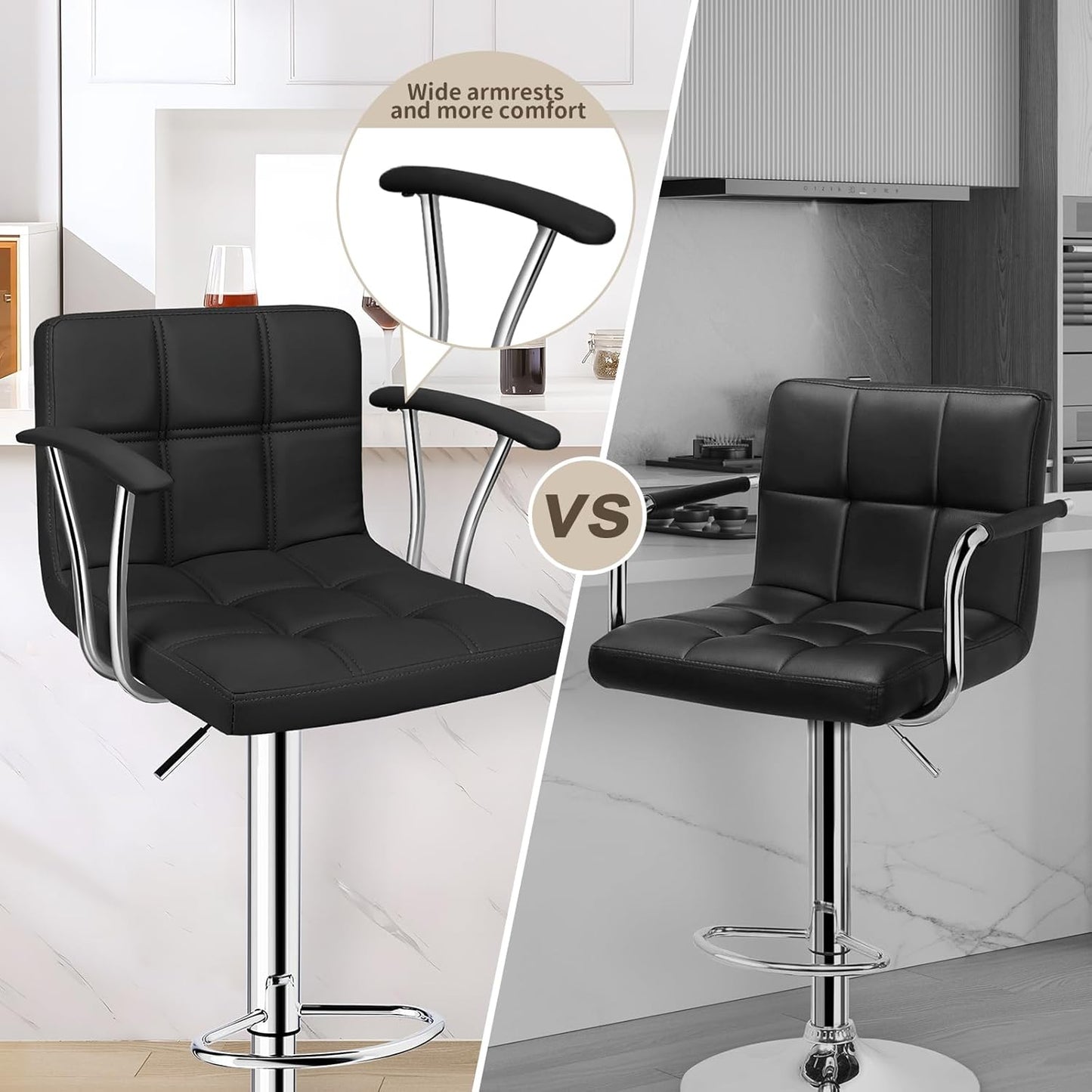 Bar Stools Set of 2,Armrest Adjustable Swivel Barstools with Back,Double Needle PU Leather Counter Height Bar Stools for Kitchen Island, Black