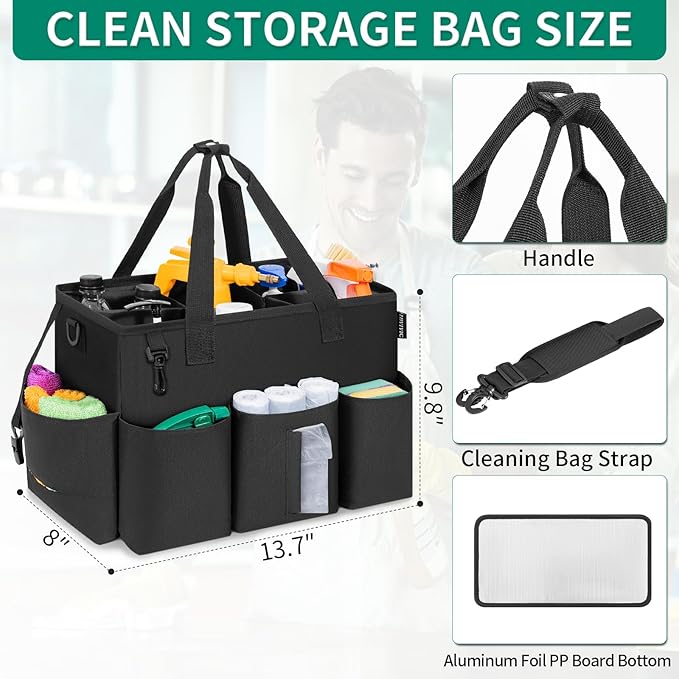 Wearable Cleaning Caddy Bag for Cleaning Supplies, Large Capacity Cleaning Organizer Tote Bag Simple Kitchen Cleaning Supplies Storage Bag for Cleaners Housekeepers (Black)