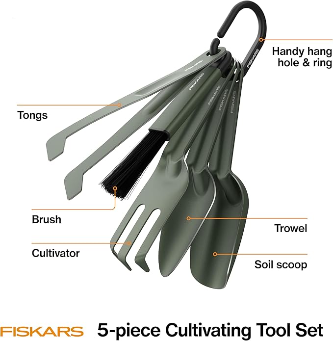 Fiskars 5-Piece Cultivating Tool Set for Indoor Plants – Stainless Steel Scoop, Trowel, Cultivator, Tongs & Brush, Space-Saving Nesting Design for Houseplants, Succulents & Cacti