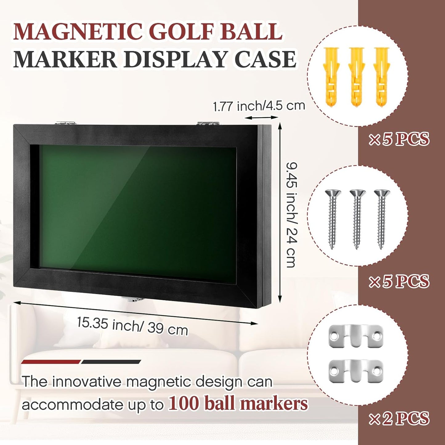 40 Golf Ball Marker Display Case Full Magnetic Backing 15.5" W x 9.5" H Wall Mount Wooden W/98% UV Acrylic Door Lockable Storage Display Box for Ball Marker Collection(Black)