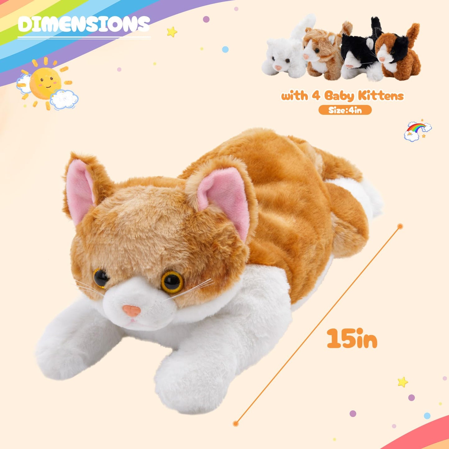 WEWILL 15'' Cat with Kittens Stuffed Animals, Mommy Plush Toy with 4 Baby Kittens, Cute Surprise for Imaginative Play, Cozy Magical Plushie for Girls, for Kids and Cat Lovers