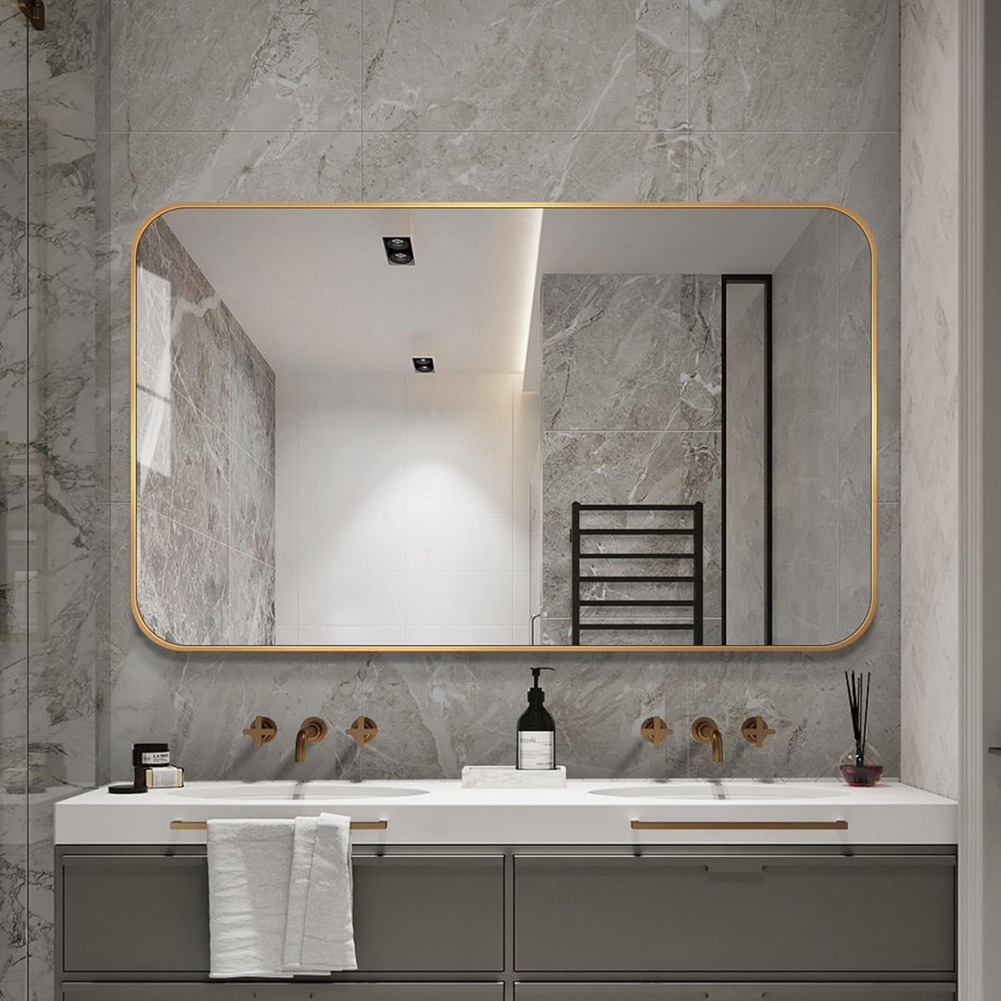 Large Modern Bathroom Mirror with Black Frame, 5mm Copper Free Silver Mirror,Black Frame, Easy Installation (Golden, 48" L x 30" W)