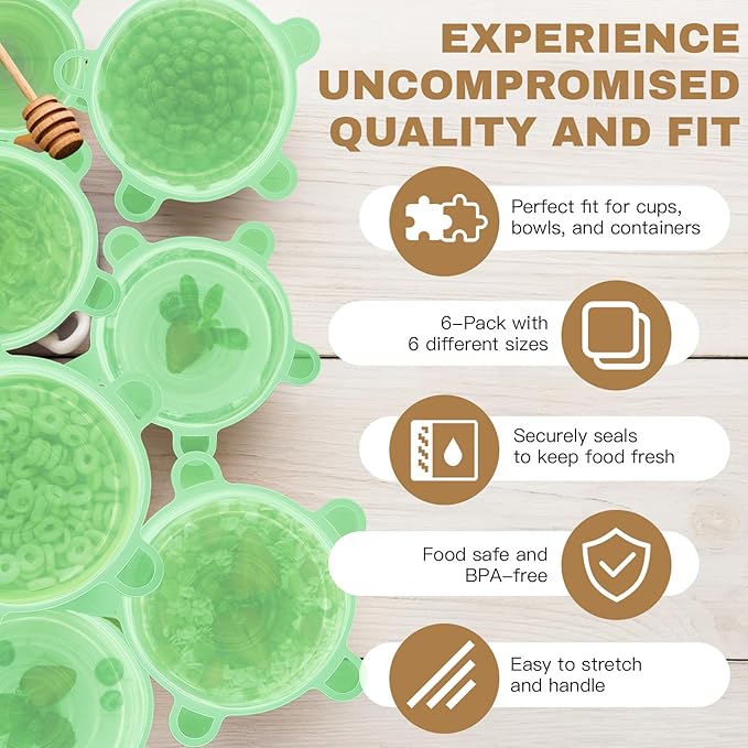 Reusable Silicone Stretch Lids – 18PCS Round & Square Stretchy Food Covers, Airtight & Leakproof, Microwave & Dishwasher Safe Green